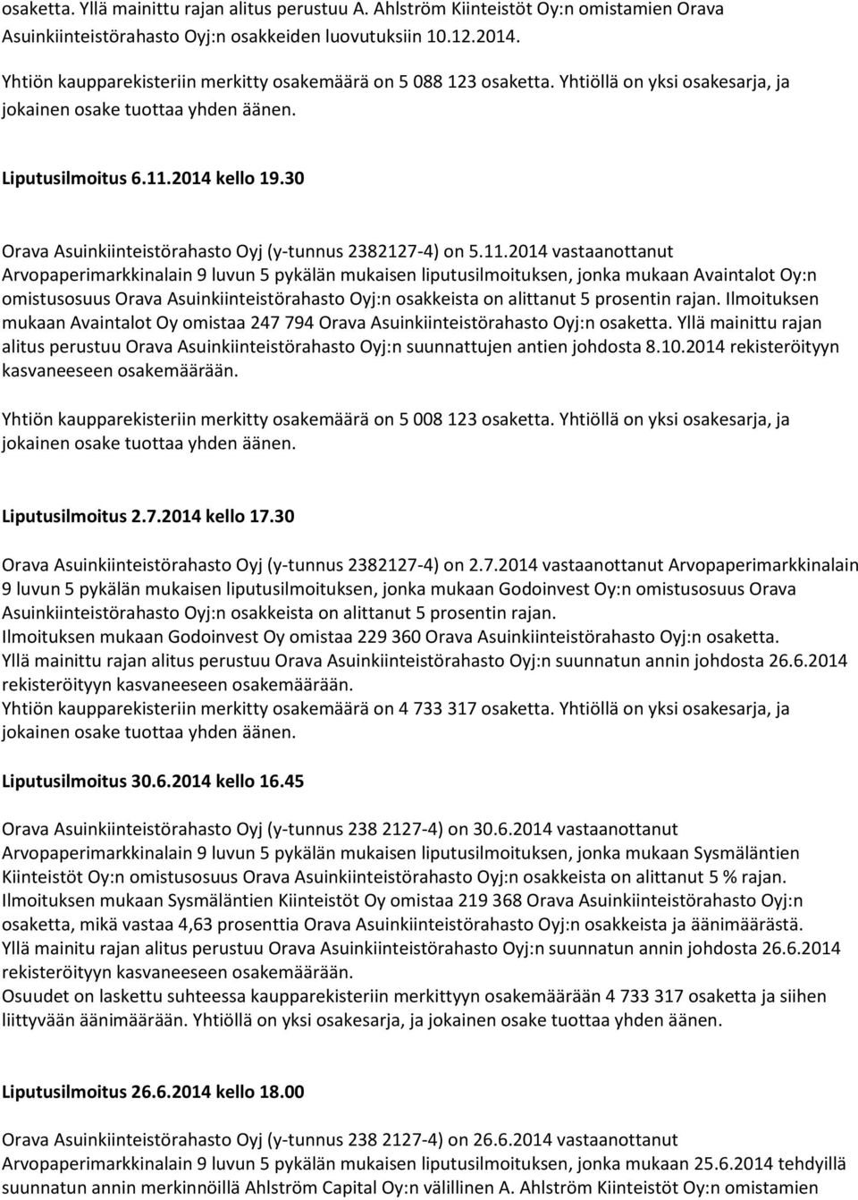 2014 kello 19.30 Orava Asuinkiinteistörahasto Oyj (y-tunnus 2382127-4) on 5.11.