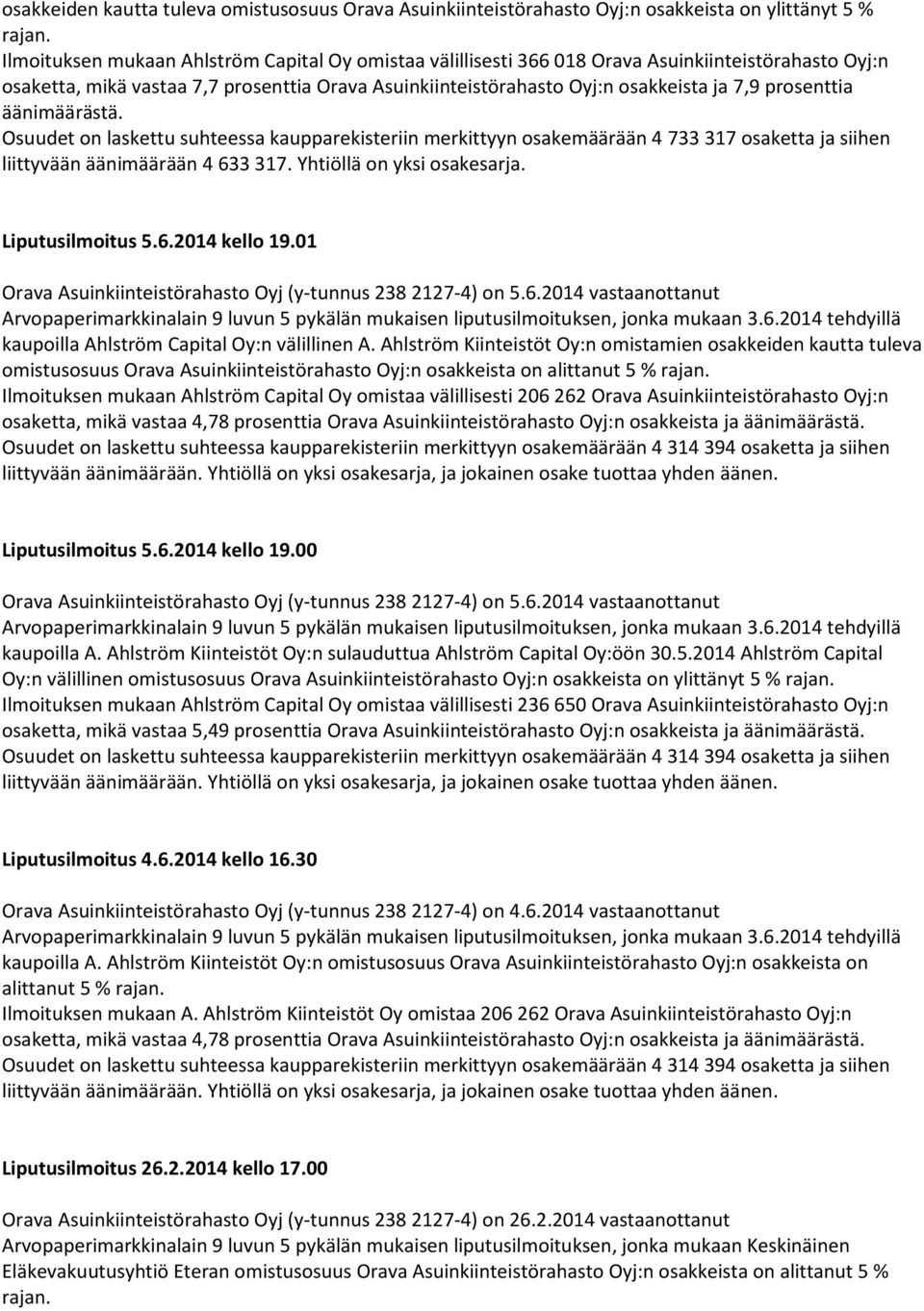 prosenttia äänimäärästä. Osuudet on laskettu suhteessa kaupparekisteriin merkittyyn osakemäärään 4 733 317 osaketta ja siihen liittyvään äänimäärään 4 633 317. Yhtiöllä on yksi osakesarja.