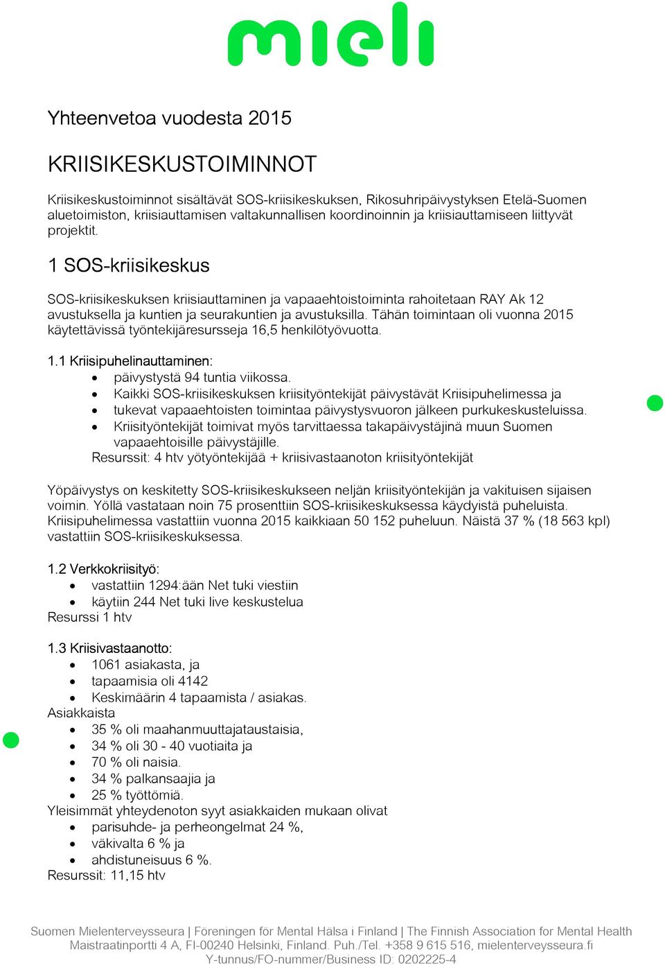 Tähän toimintaan oli vuonna 2015 käytettävissä työntekijäresursseja 16,5 henkilötyövuotta. 1.1 Kriisipuhelin uhelinauttaminen: päivystystä 94 tuntia viikossa.