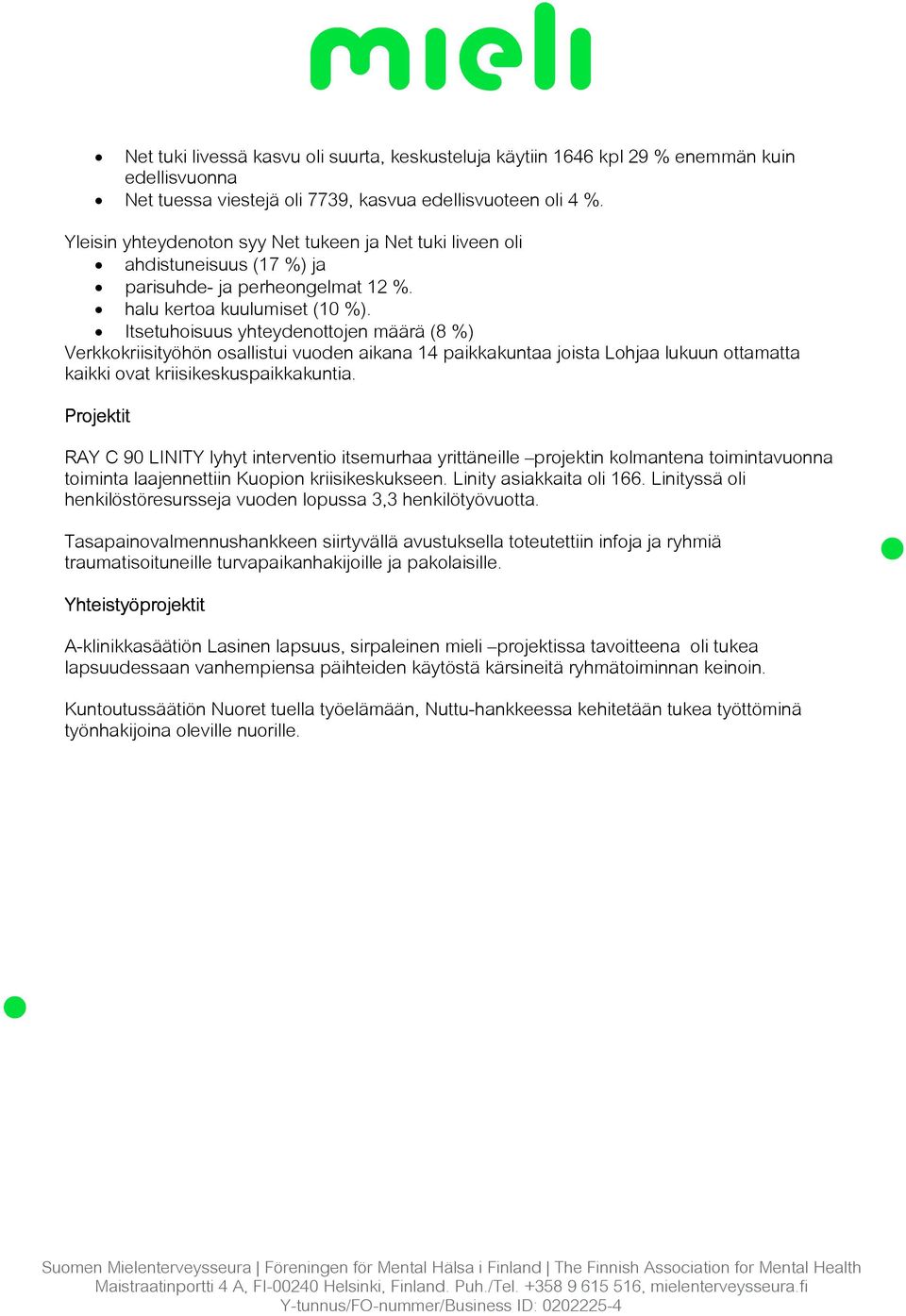 Itsetuhoisuus yhteydenottojen määrä (8 %) Verkkokriisityöhön osallistui vuoden aikana 14 paikkakuntaa joista Lohjaa lukuun ottamatta kaikki ovat kriisikeskuspaikkakuntia.