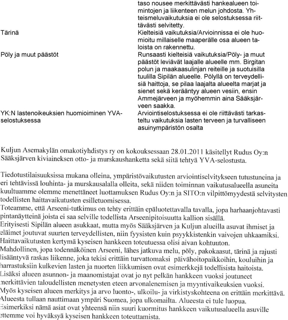 Runsaasti kielteisiä vaikutuksia/pöly- ja muut päästöt leviävät laajalle alueelle mm. Birgitan polun ja maakaasulinjan reiteille ja suotuisilla tuulilla Sipilän alueelle.