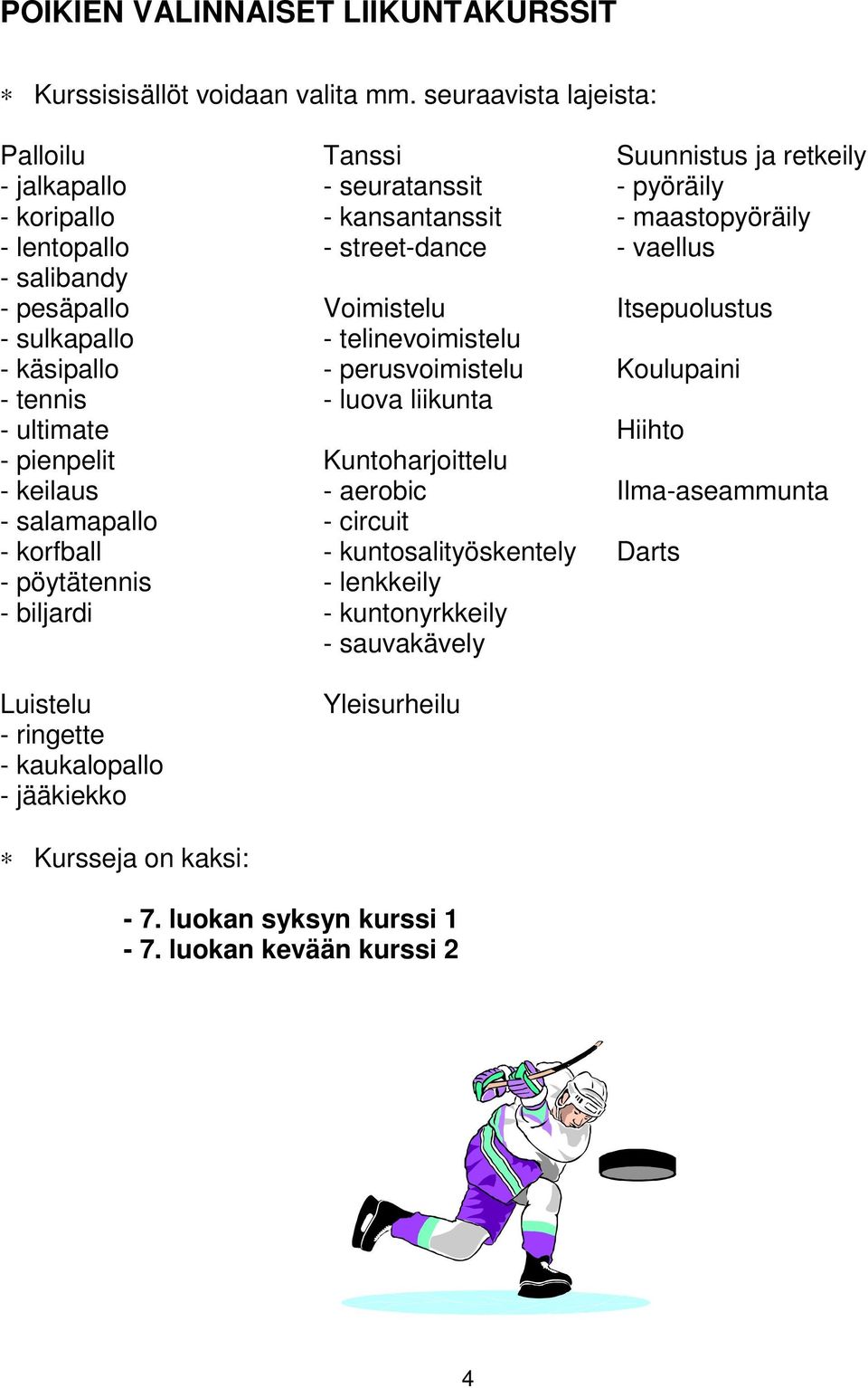 salibandy - pesäpallo Voimistelu Itsepuolustus - sulkapallo - telinevoimistelu - käsipallo - perusvoimistelu Koulupaini - tennis - luova liikunta - ultimate Hiihto - pienpelit