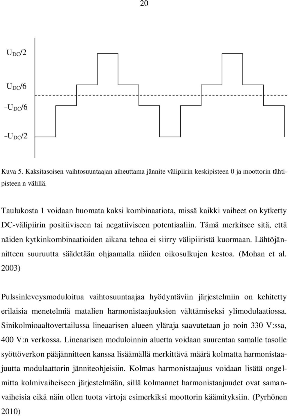 Tämä merkitsee sitä, että näiden kytkinkombinaatioiden aikana tehoa ei siirry välipiiristä kuormaan. Lähtöjännitteen suuruutta säädetään ohjaamalla näiden oikosulkujen kestoa. (Mohan et al.