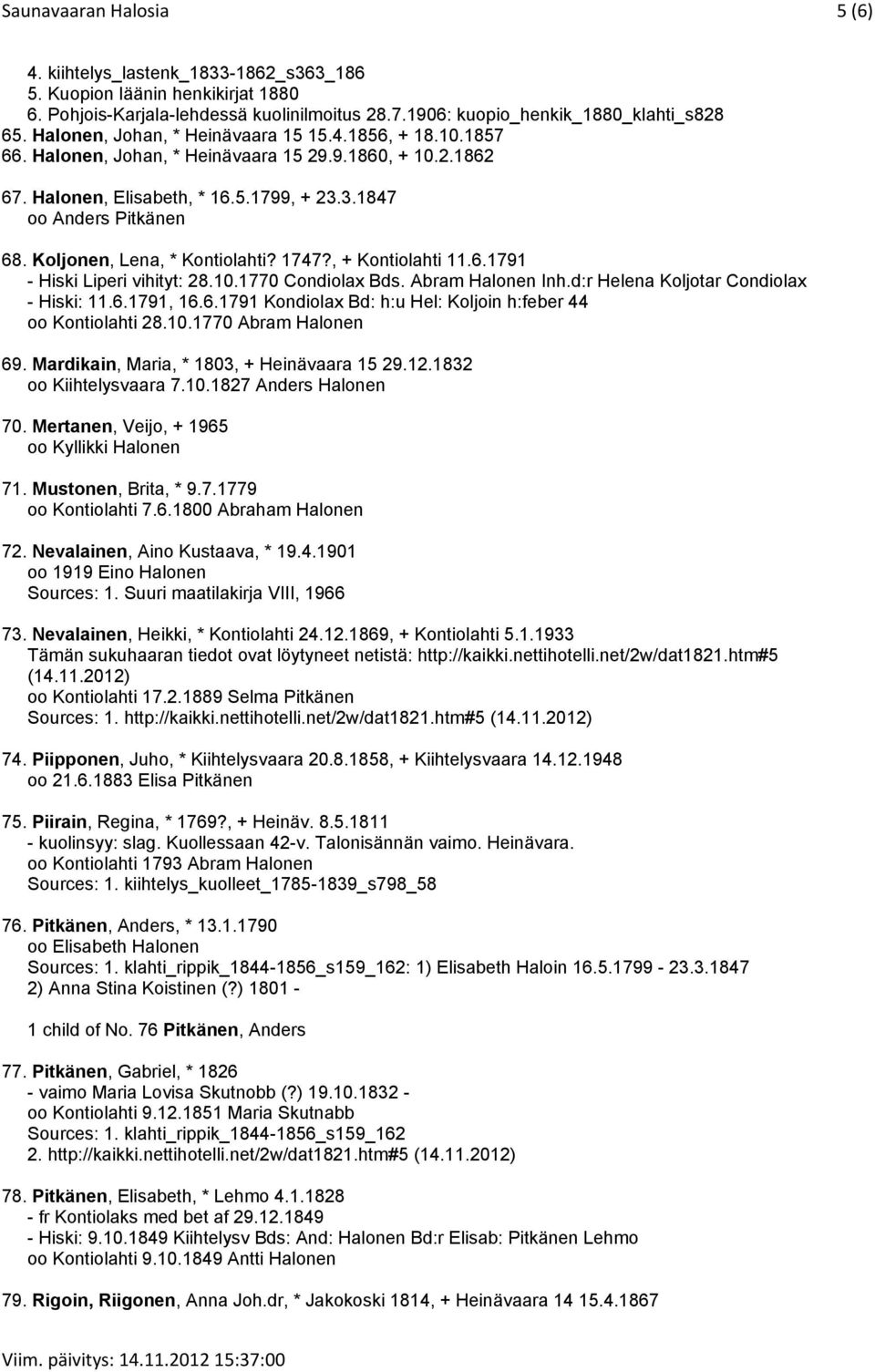 Koljonen, Lena, * Kontiolahti? 1747?, + Kontiolahti 11.6.1791 - Hiski Liperi vihityt: 28.10.1770 Condiolax Bds. Abram Halonen Inh.d:r Helena Koljotar Condiolax - Hiski: 11.6.1791, 16.6.1791 Kondiolax Bd: h:u Hel: Koljoin h:feber 44 oo Kontiolahti 28.