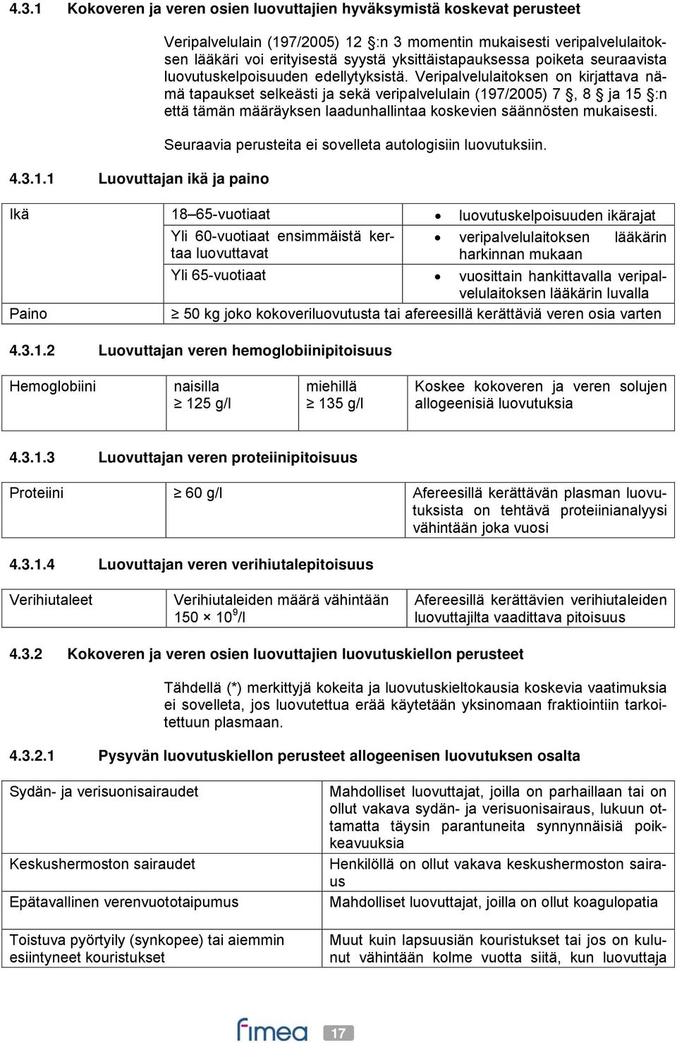 1 Luovuttajan ikä ja paino Veripalvelulain (197/2005) 12 :n 3 momentin mukaisesti veripalvelulaitoksen lääkäri voi erityisestä syystä yksittäistapauksessa poiketa seuraavista luovutuskelpoisuuden