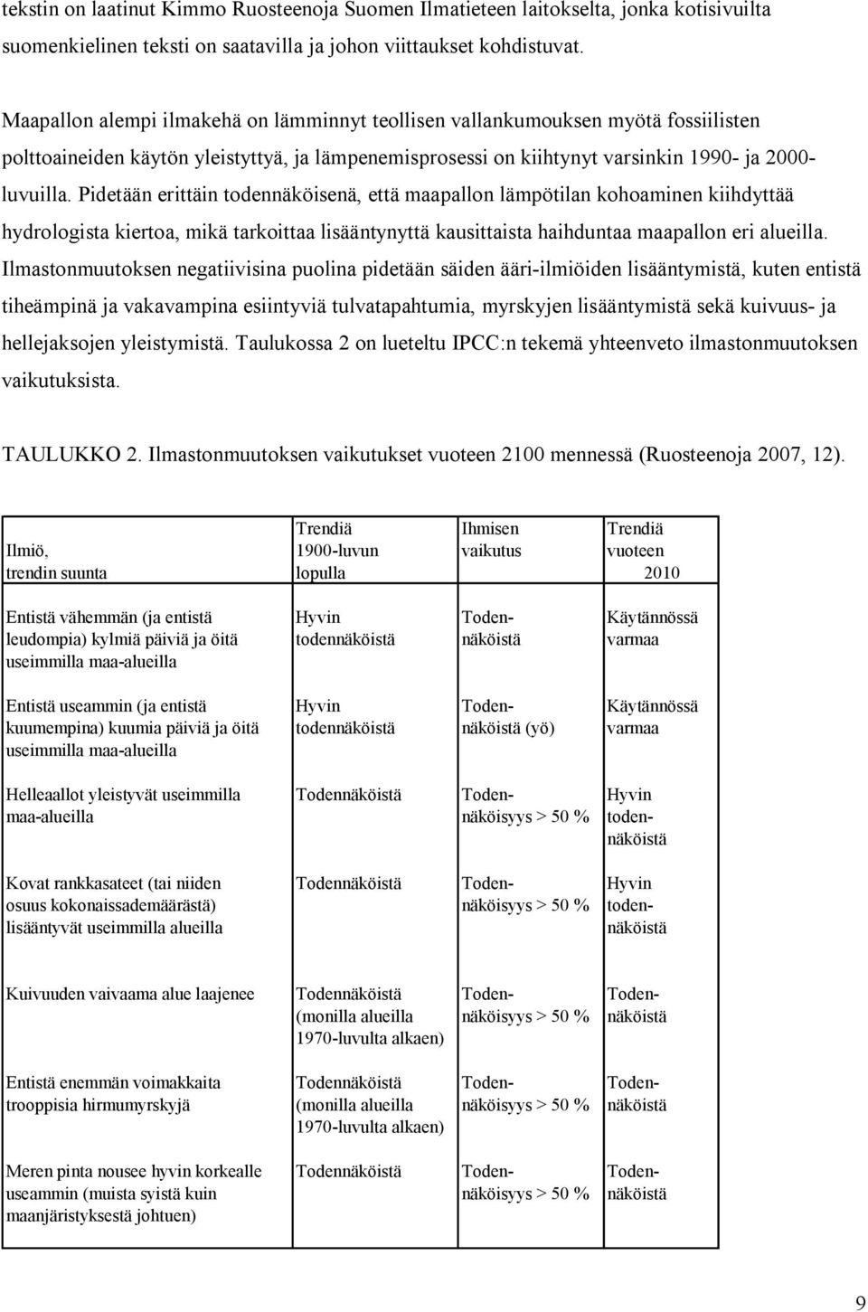 Pidetään erittäin todennäköisenä, että maapallon lämpötilan kohoaminen kiihdyttää hydrologista kiertoa, mikä tarkoittaa lisääntynyttä kausittaista haihduntaa maapallon eri alueilla.
