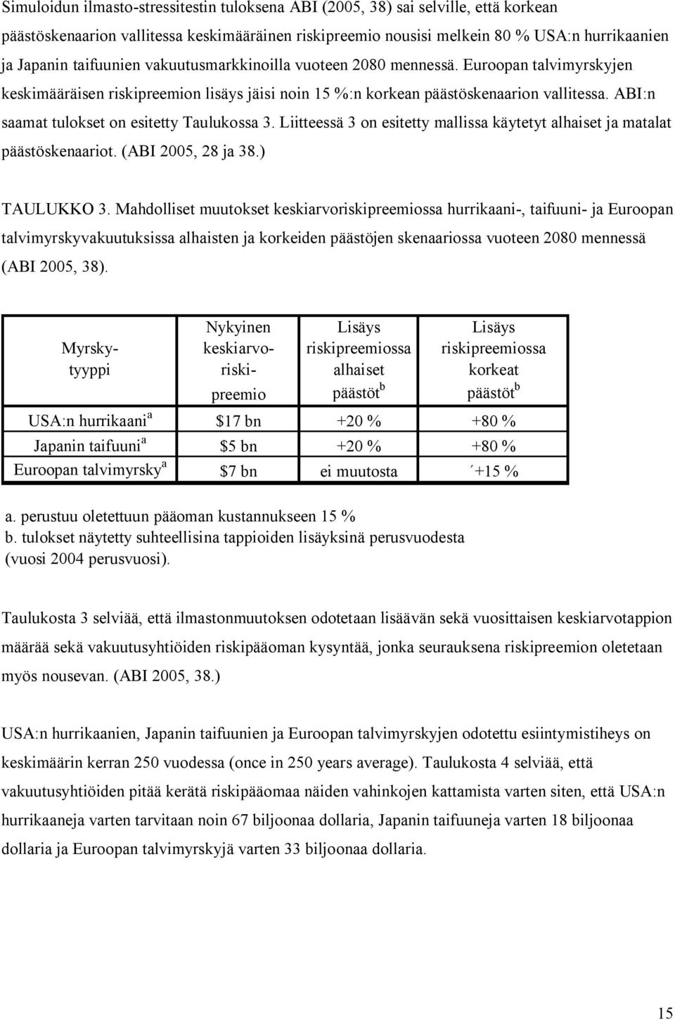 ABI:n saamat tulokset on esitetty Taulukossa 3. Liitteessä 3 on esitetty mallissa käytetyt alhaiset ja matalat päästöskenaariot. (ABI 2005, 28 ja 38.) TAULUKKO 3.