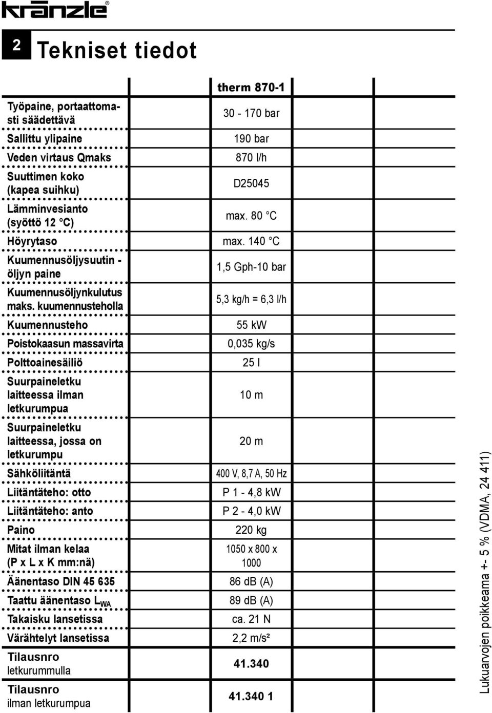 kuumennusteholla 5,3 kg/h = 6,3 l/h Kuumennusteho 55 kw Poistokaasun massavirta 0,035 kg/s Polttoainesäiliö 25 l Suurpaineletku laitteessa ilman 10 m letkurumpua Suurpaineletku laitteessa, jossa on