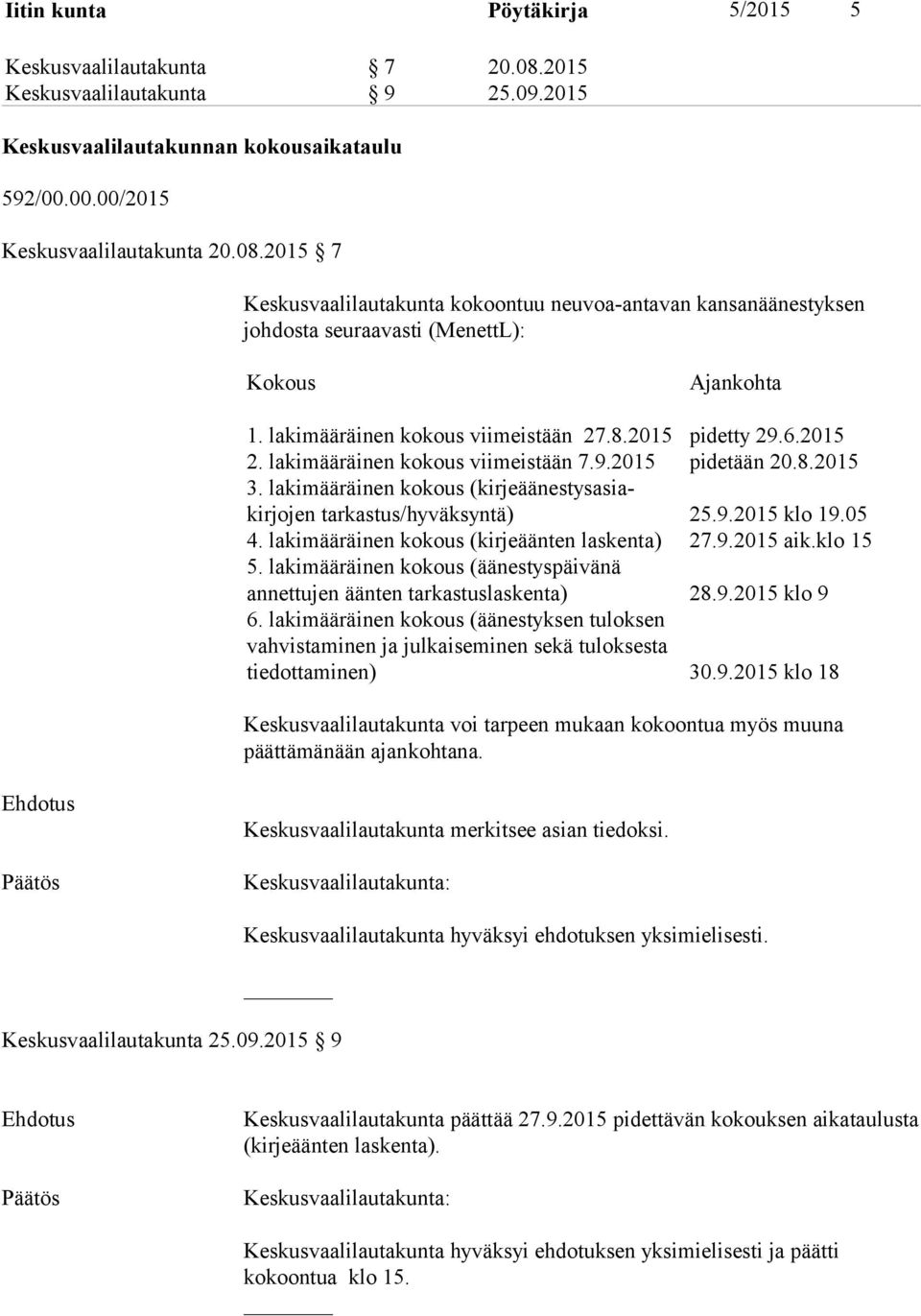 lakimääräinen kokous (kirjeäänestysasiakirjojen tarkastus/hyväksyntä) 25.9.2015 klo 19.05 4. lakimääräinen kokous (kirjeäänten laskenta) 27.9.2015 aik.klo 15 5.