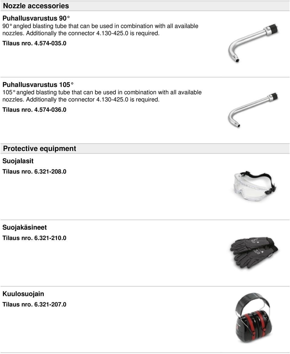 0 Puhallusvarustus 105 105 angled blasting tube that can be used in combination with all available nozzles.