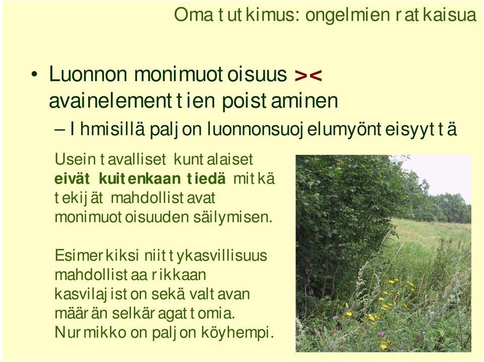 tiedä mitkä tekijät mahdollistavat monimuotoisuuden säilymisen.