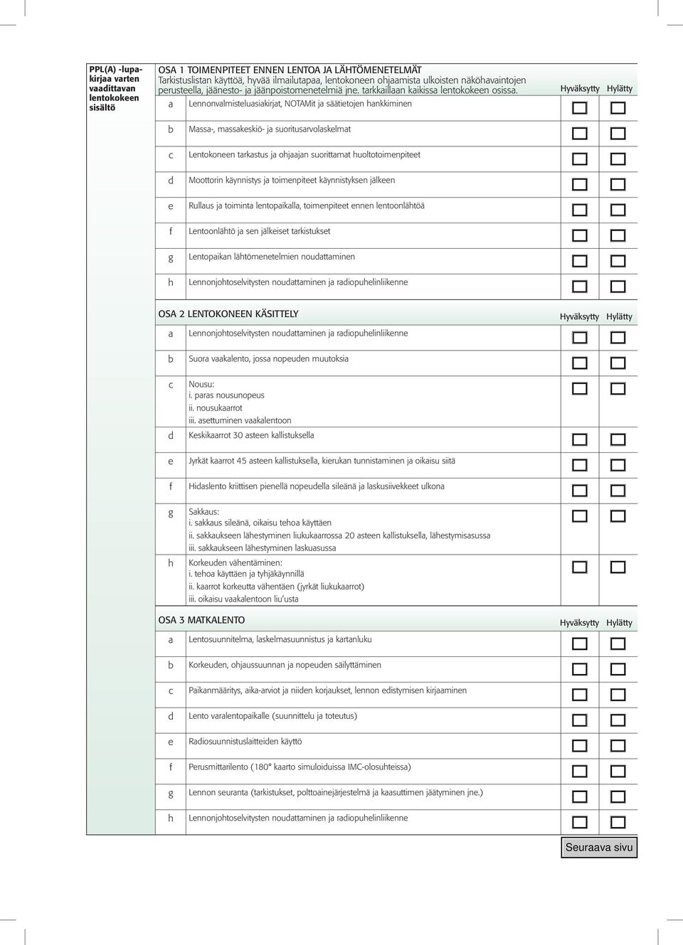 Lnnonvlmistlusikirjt, NOTMit j säätitojn nkkiminn Mss-, msskskiö- j suoritusrvolsklmt Lntokonn trkstus j ojjn suorittmt uoltotoimnpitt Moottorin käynnistys j toimnpitt käynnistyksn jälkn Rullus j