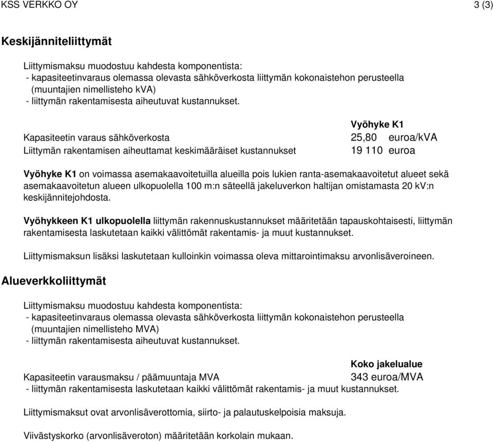 Vyöhyke K1 Kapasiteetin varaus sähköverkosta 25,80 /kv Liittymän rakentamisen aiheuttamat keskimääräiset kustannukset 19 110 Vyöhyke K1 on voimassa asemakaavoitetuilla alueilla pois lukien