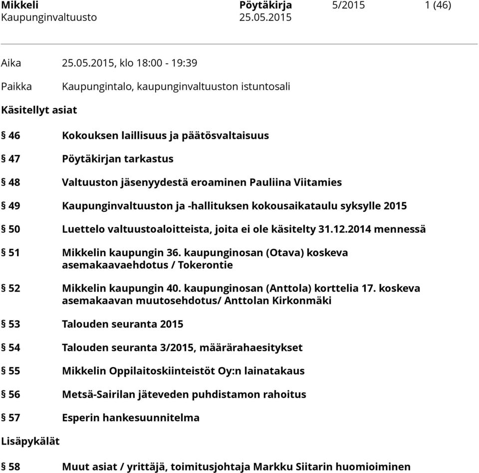 Pauliina Viitamies 49 Kaupunginvaltuuston ja -hallituksen kokousaikataulu syksylle 2015 50 Luettelo valtuustoaloitteista, joita ei ole käsitelty 31.12.2014 mennessä 51 Mikkelin kaupungin 36.