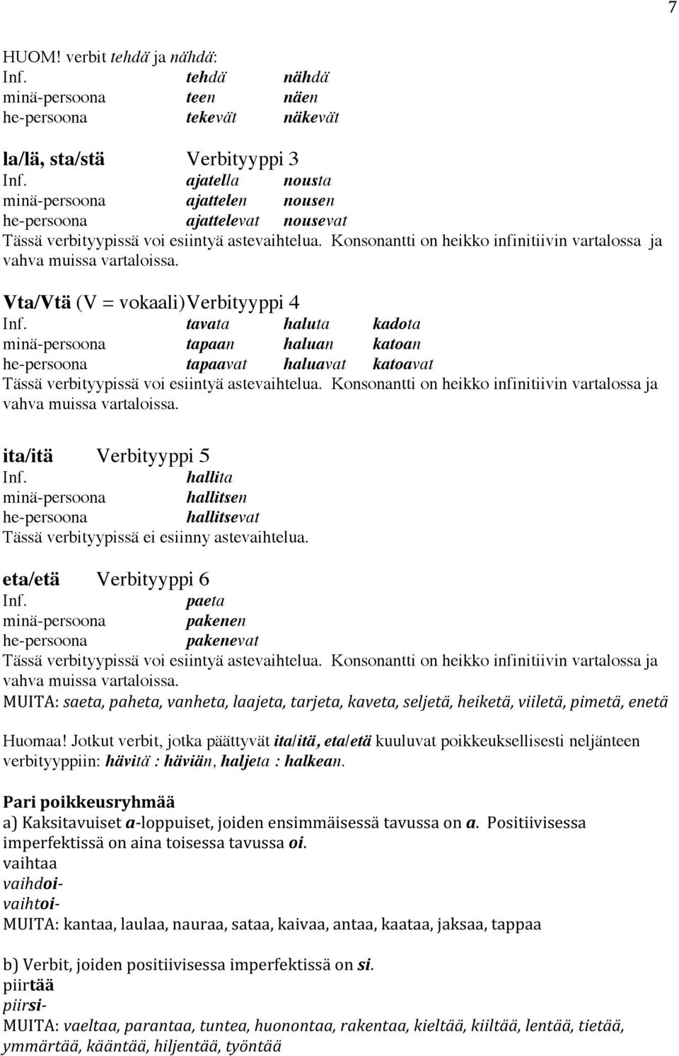 Konsonantti on heikko infinitiivin vartalossa ja vahva muissa vartaloissa. Vta/Vtä (V = vokaali) Verbityyppi 4 Inf.