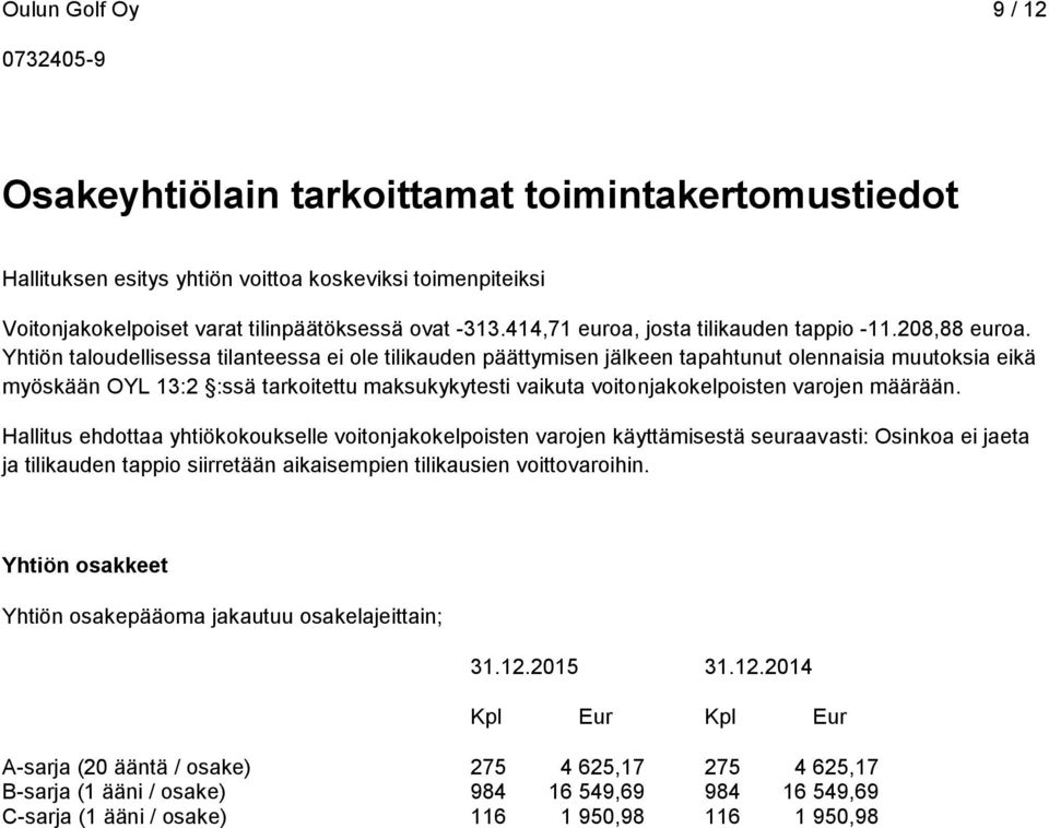 Yhtiön taloudellisessa tilanteessa ei ole tilikauden päättymisen jälkeen tapahtunut olennaisia muutoksia eikä myöskään OYL 13:2 :ssä tarkoitettu maksukykytesti vaikuta voitonjakokelpoisten varojen