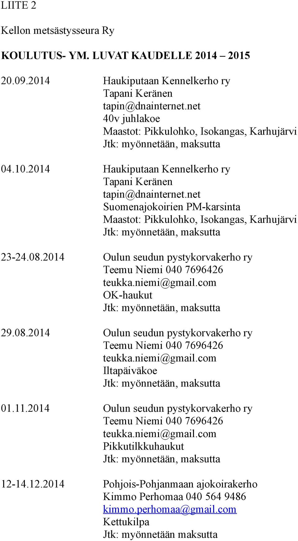 net Suomenajokoirien PM-karsinta Maastot: Pikkulohko, Isokangas, Karhujärvi 23-24.08.2014 Oulun seudun pystykorvakerho ry Teemu Niemi 040 7696426 teukka.niemi@gmail.com OK-haukut 29.08.2014 Oulun seudun pystykorvakerho ry Teemu Niemi 040 7696426 teukka.niemi@gmail.com Iltapäiväkoe 01.