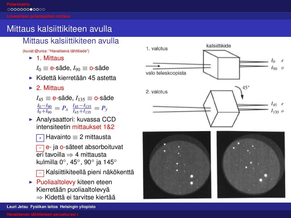 Mittaus I 45 e-säde, I 135 o-säde I 0 I 90 I = P 45 I 135 I 0 +I x = P 90 I 45 +I y 135 Analysaattori: kuvassa CCD intensiteetin