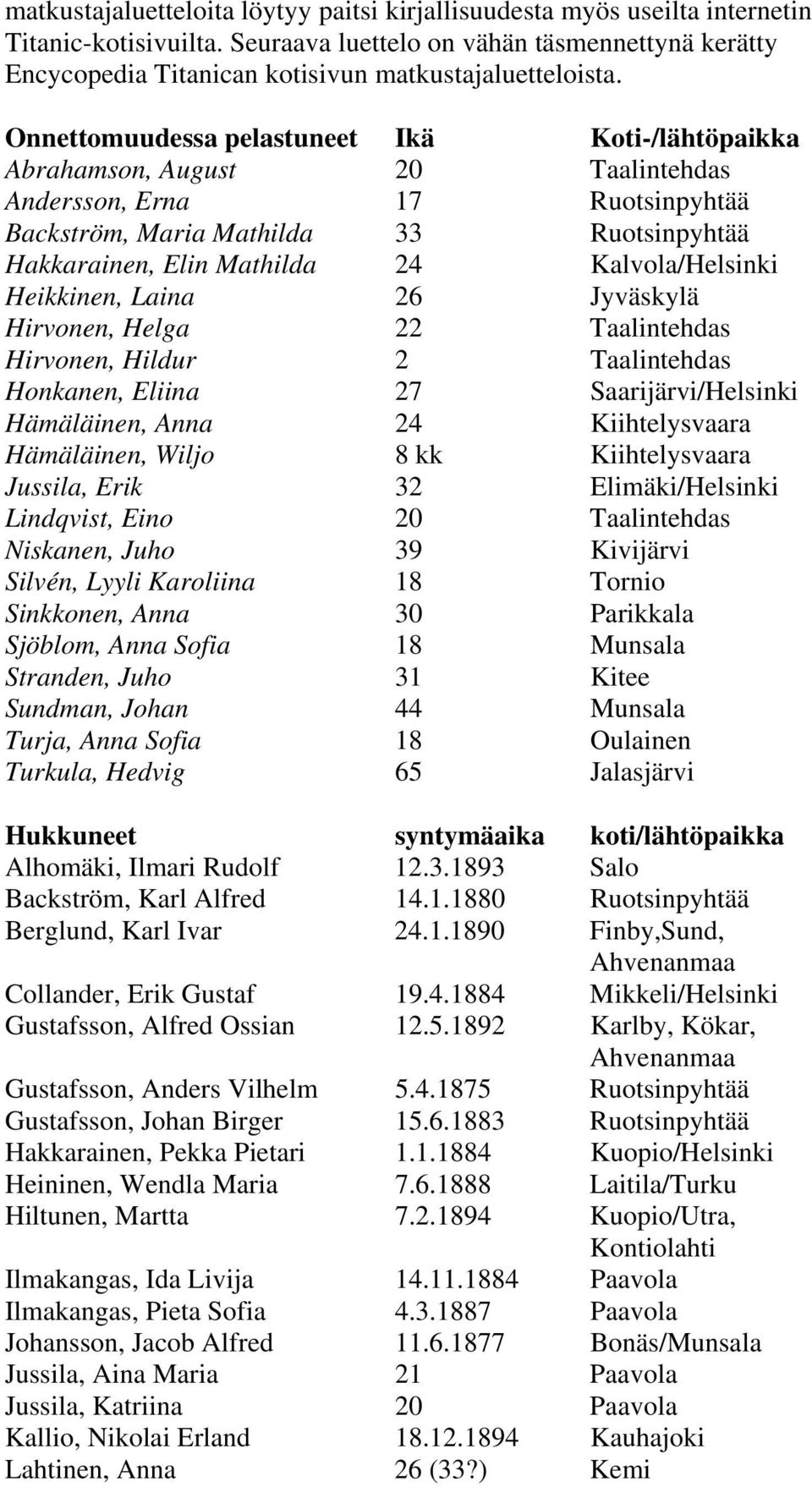 Onnettomuudessa pelastuneet Ikä Koti-/lähtöpaikka Abrahamson, August 20 Taalintehdas Andersson, Erna 17 Ruotsinpyhtää Backström, Maria Mathilda 33 Ruotsinpyhtää Hakkarainen, Elin Mathilda 24