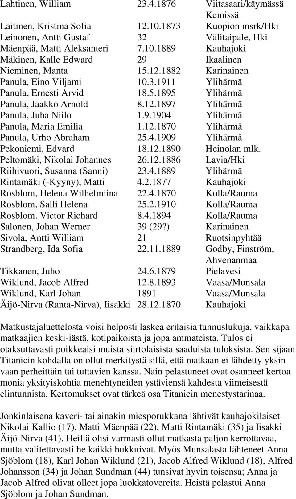 12.1870 Ylihärmä Panula, Urho Abraham 25.4.1909 Ylihärmä Pekoniemi, Edvard 18.12.1890 Heinolan mlk. Peltomäki, Nikolai Johannes 26.12.1886 Lavia/Hki Riihivuori, Susanna (Sanni) 23.4.1889 Ylihärmä Rintamäki (-Kyyny), Matti 4.