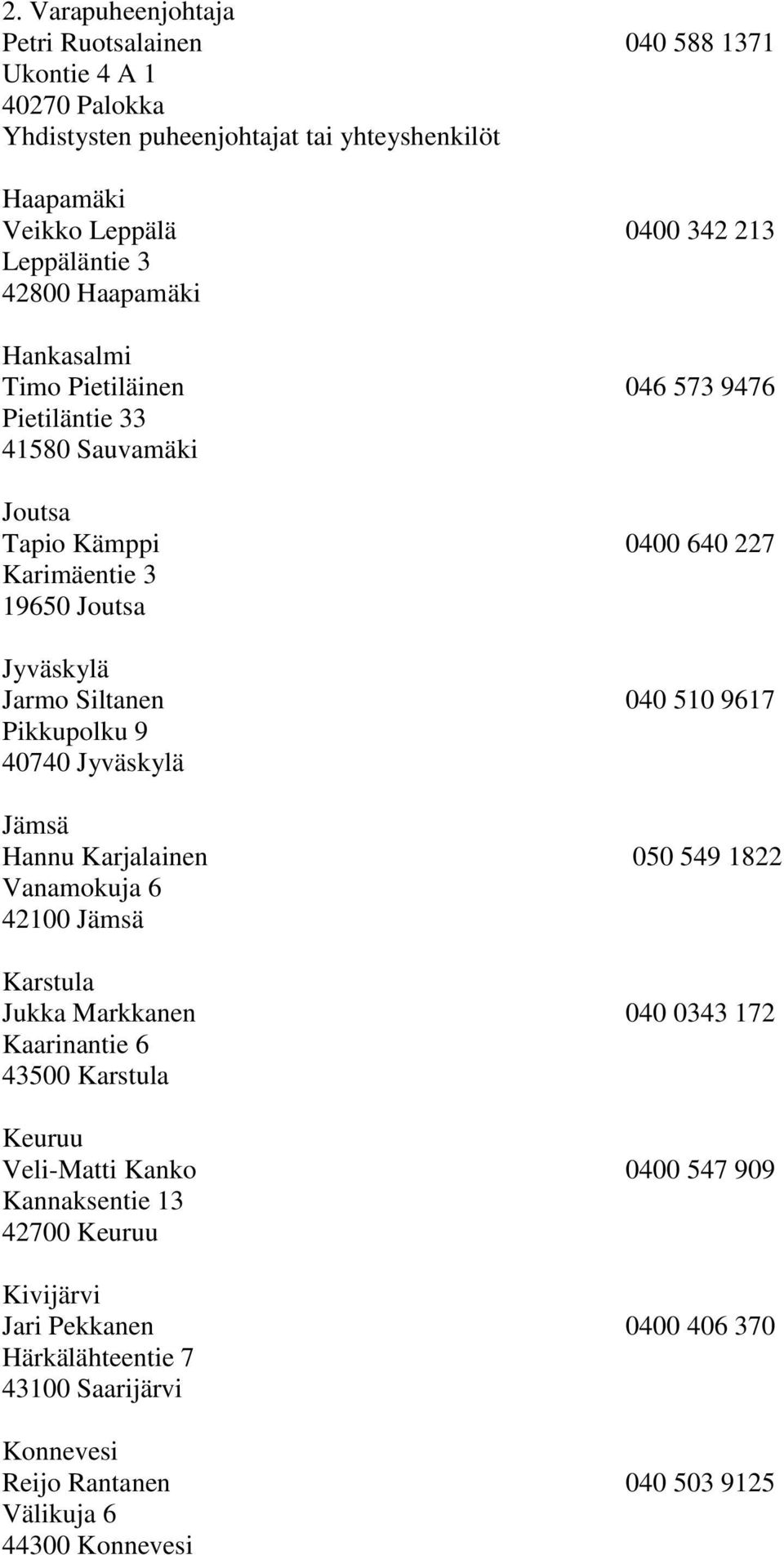 9617 Pikkupolku 9 40740 Jyväskylä Jämsä Hannu Karjalainen 050 549 1822 Vanamokuja 6 42100 Jämsä Karstula Jukka Markkanen 040 0343 172 Kaarinantie 6 43500 Karstula Keuruu Veli-Matti