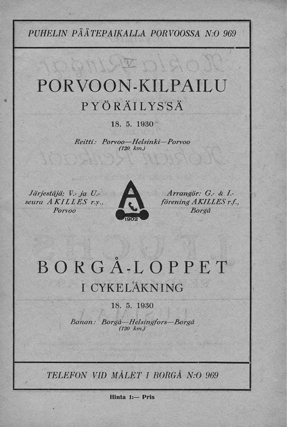 , Porvoo Arrangör: G.- & /.- förenng AKILLES r.f., Borgå BORGÅ-LOPPET I CYKELÅKNING 18.