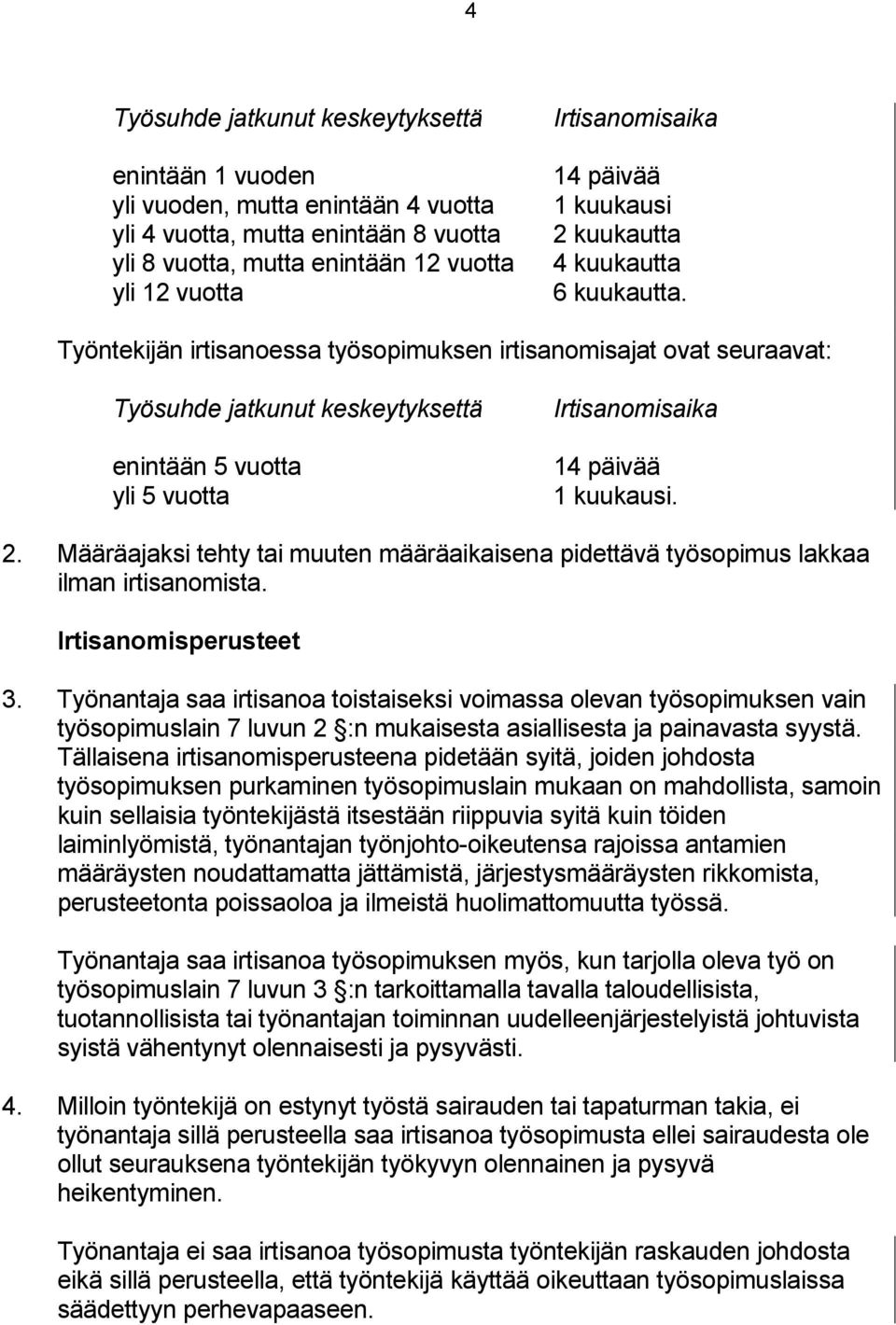 Työntekijän irtisanoessa työsopimuksen irtisanomisajat ovat seuraavat: Työsuhde jatkunut keskeytyksettä enintään 5 vuotta yli 5 vuotta Irtisanomisaika 14 päivää 1 kuukausi. 2.