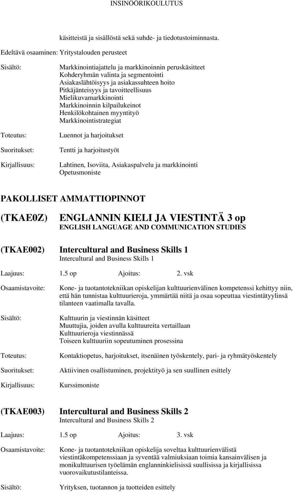 tavoitteellisuus Mielikuvamarkkinointi Markkinoinnin kilpailukeinot Henkilökohtainen myyntityö Markkinointistrategiat Tentti ja harjoitustyöt Lahtinen, Isoviita, Asiakaspalvelu ja markkinointi