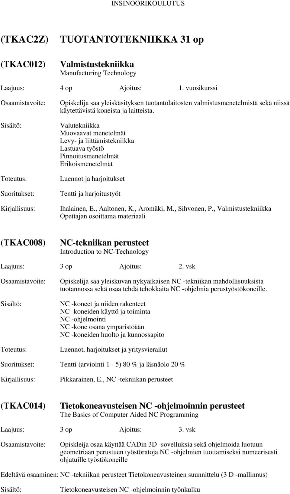Valutekniikka Muovaavat menetelmät Levy- ja liittämistekniikka Lastuava työstö Pinnoitusmenetelmät Erikoismenetelmät Tentti ja harjoitustyöt Ihalainen, E., Aaltonen, K., Aromäki, M., Sihvonen, P.