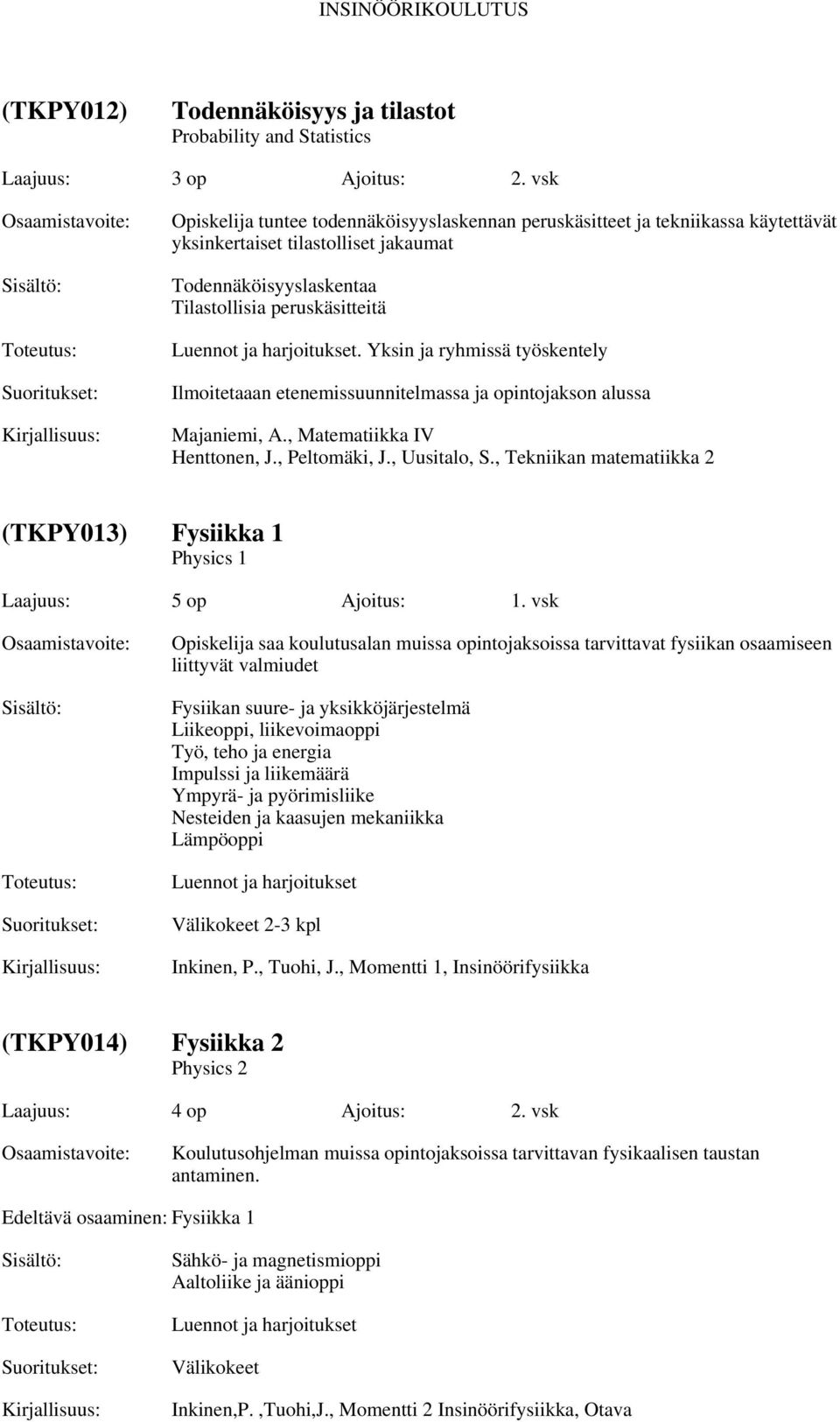 Yksin ja ryhmissä työskentely Ilmoitetaaan etenemissuunnitelmassa ja opintojakson alussa Majaniemi, A., Matematiikka IV Henttonen, J., Peltomäki, J., Uusitalo, S.