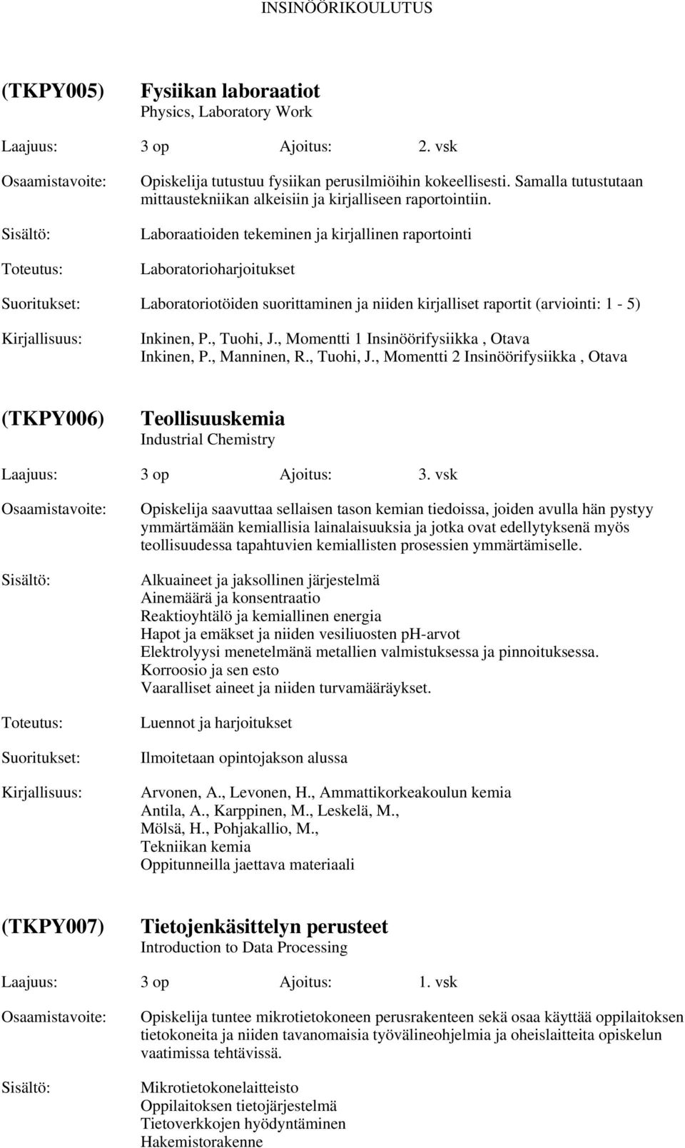 Laboraatioiden tekeminen ja kirjallinen raportointi Laboratorioharjoitukset Laboratoriotöiden suorittaminen ja niiden kirjalliset raportit (arviointi: 1-5) Inkinen, P., Tuohi, J.
