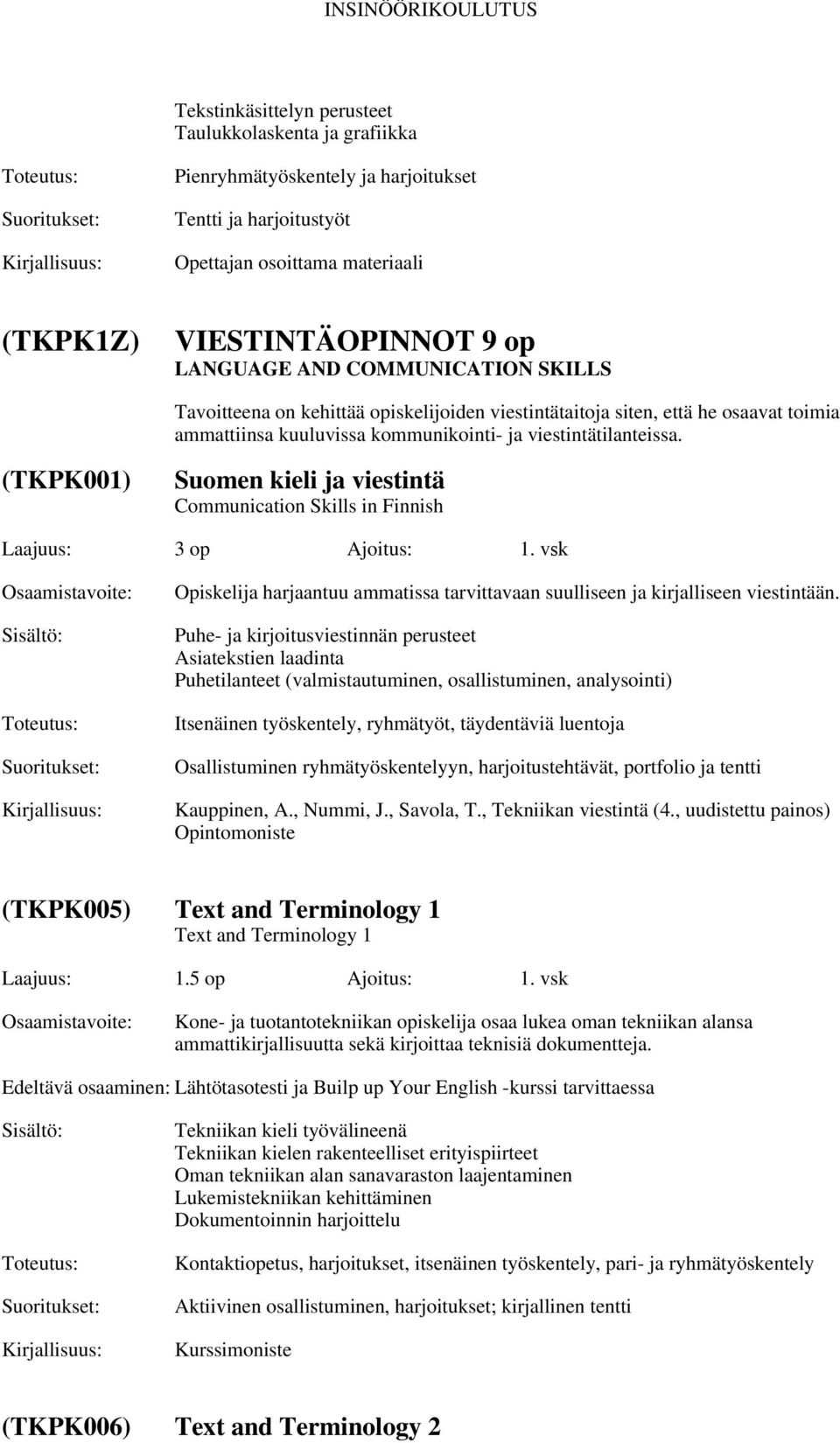 (TKPK001) Suomen kieli ja viestintä Communication Skills in Finnish Laajuus: 3 op Ajoitus: 1. vsk Opiskelija harjaantuu ammatissa tarvittavaan suulliseen ja kirjalliseen viestintään.