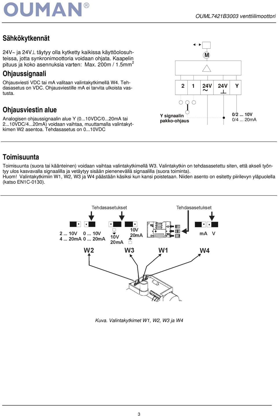 ..10VDC/0...20mA ti 2...10VDC/4...20mA) voidn viht, muuttmll vlintkytkimen W2 sento. Tehdssetus on 0...10VDC Y signlin pkko-ohjus 0/2... 10V 0/4.