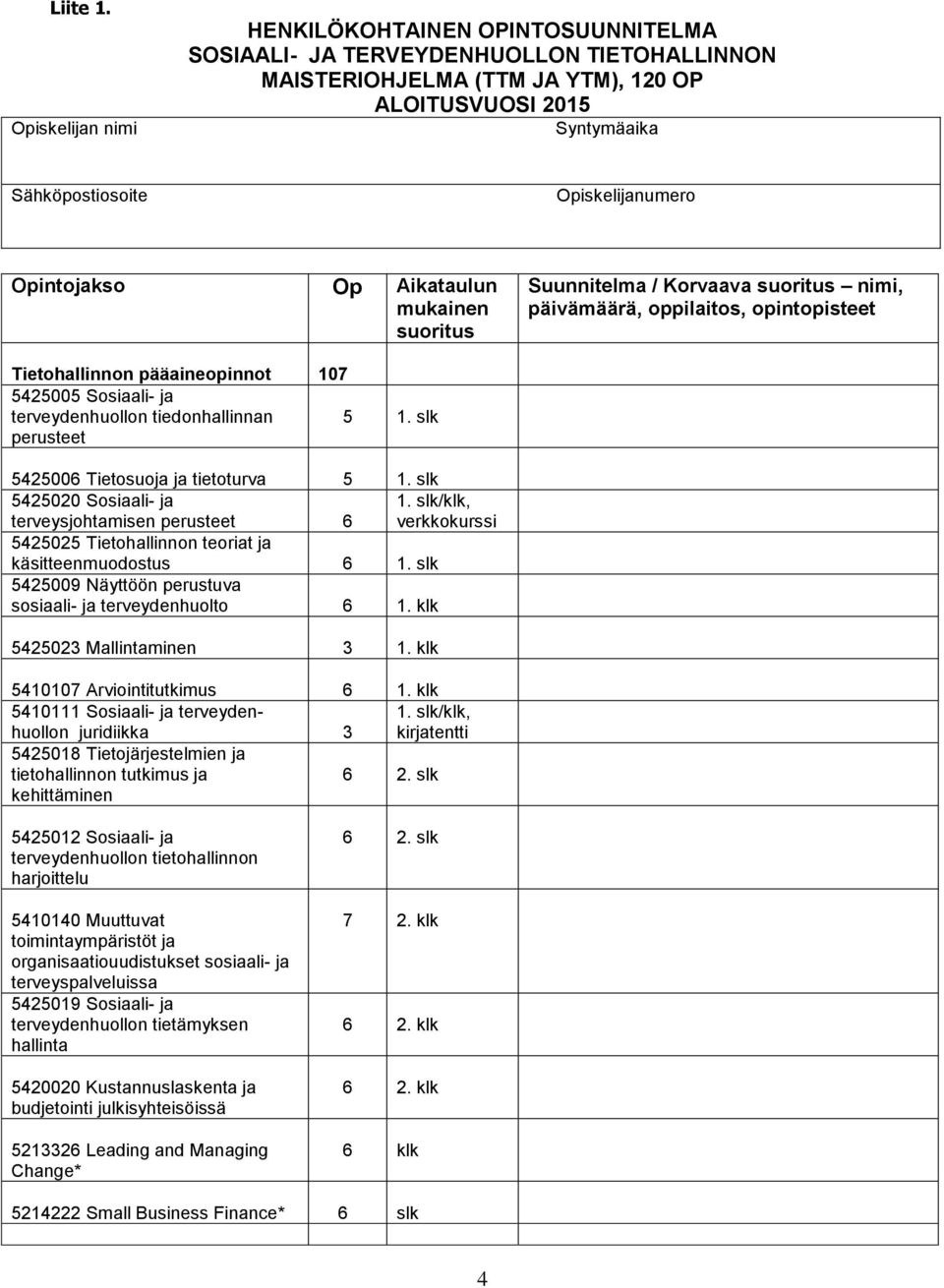 Opintojakso Op Aikataulun mukainen suoritus Suunnitelma / Korvaava suoritus nimi, päivämäärä, oppilaitos, opintopisteet Tietohallinnon pääaineopinnot 107 545005 Sosiaali- ja terveydenhuollon