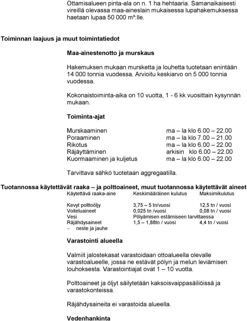 Kokonaistoiminta-aika on 10 vuotta, 1-6 kk vuosittain kysynnän mukaan. Toiminta-ajat Murskaaminen ma la klo 6.00 22.00 Poraaminen ma la klo 7.00 21.00 Rikotus ma la klo 6.00 22.00 Räjäyttäminen arkisin klo 6.