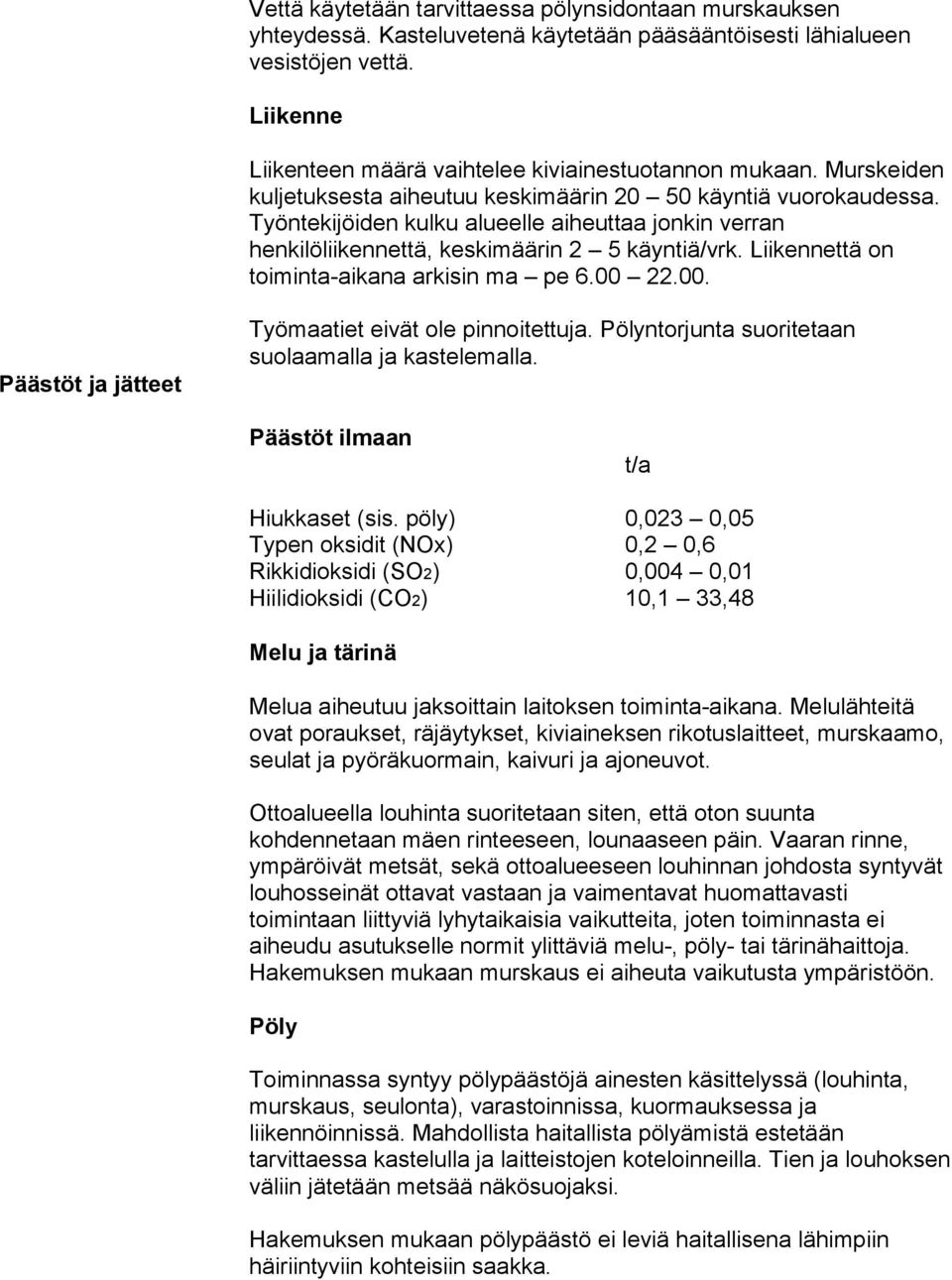 Liikennettä on toiminta-aikana arkisin ma pe 6.00 22.00. Päästöt ja jätteet Työmaatiet eivät ole pinnoitettuja. Pölyntorjunta suoritetaan suolaamalla ja kastelemalla.