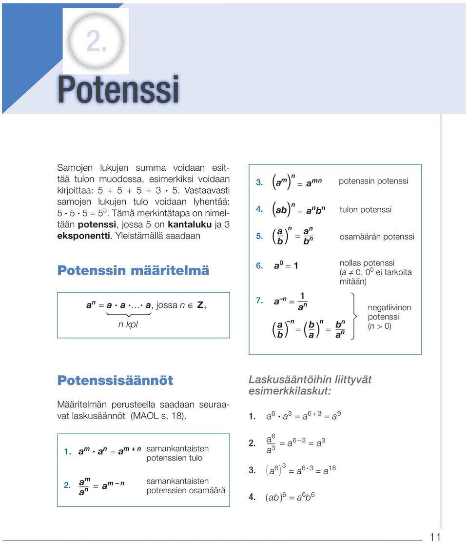 (ab) n = a n b n tulon potenssi a ( b) n = an b n 5. osamäärän potenssi 6. a 0 = nollas potenssi (a 0, 0 0 ei tarkoita mitään) a n = a a a, jossa n Z + n kpl 7.