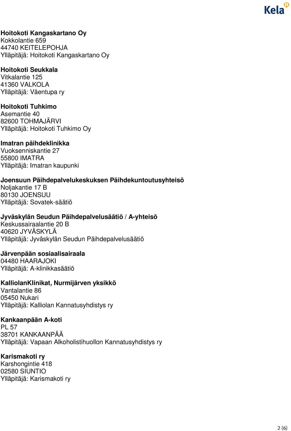 Päihdekuntoutusyhteisö Noljakantie 17 B 80130 JOENSUU Ylläpitäjä: Sovatek-säätiö Jyväskylän Seudun Päihdepalvelusäätiö / A-yhteisö Keskussairaalantie 20 B 40620 JYVÄSKYLÄ Ylläpitäjä: Jyväskylän