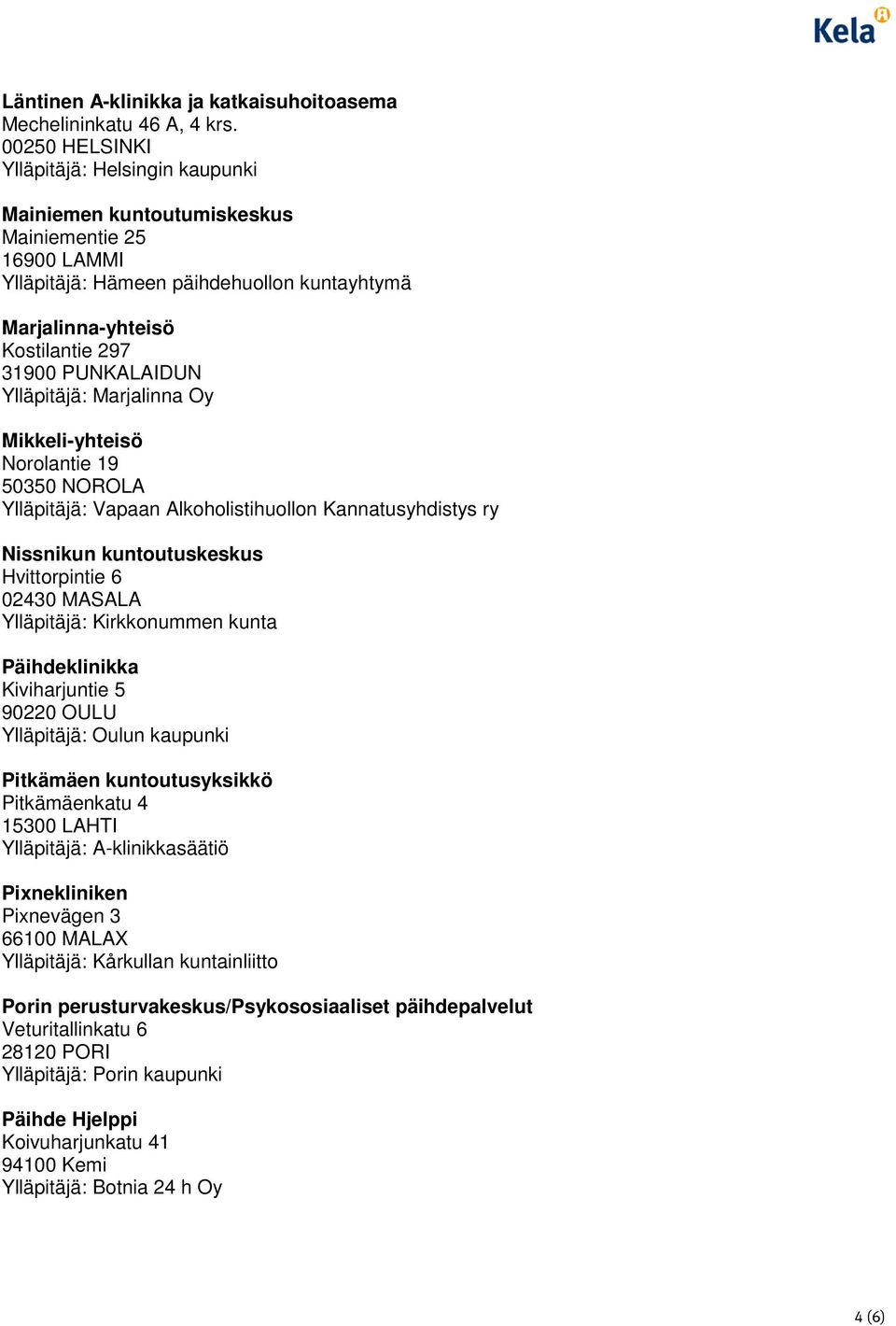 Ylläpitäjä: Marjalinna Oy Mikkeli-yhteisö Norolantie 19 50350 NOROLA Ylläpitäjä: Vapaan Alkoholistihuollon Kannatusyhdistys ry Nissnikun kuntoutuskeskus Hvittorpintie 6 02430 MASALA Ylläpitäjä: