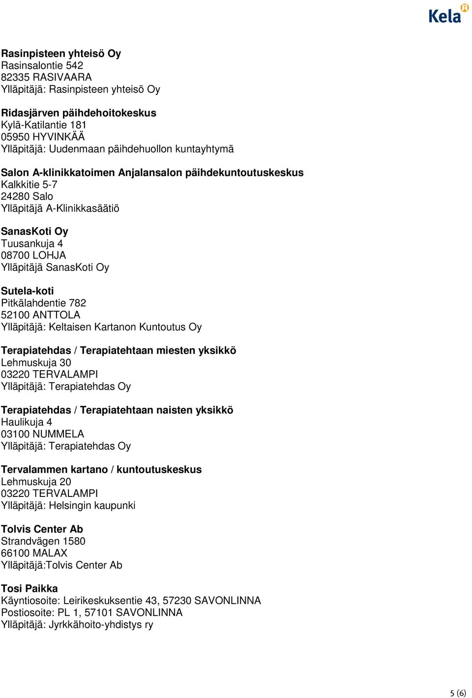 Pitkälahdentie 782 52100 ANTTOLA Ylläpitäjä: Keltaisen Kartanon Kuntoutus Oy Terapiatehdas / Terapiatehtaan miesten yksikkö Lehmuskuja 30 03220 TERVALAMPI Ylläpitäjä: Terapiatehdas Oy Terapiatehdas /