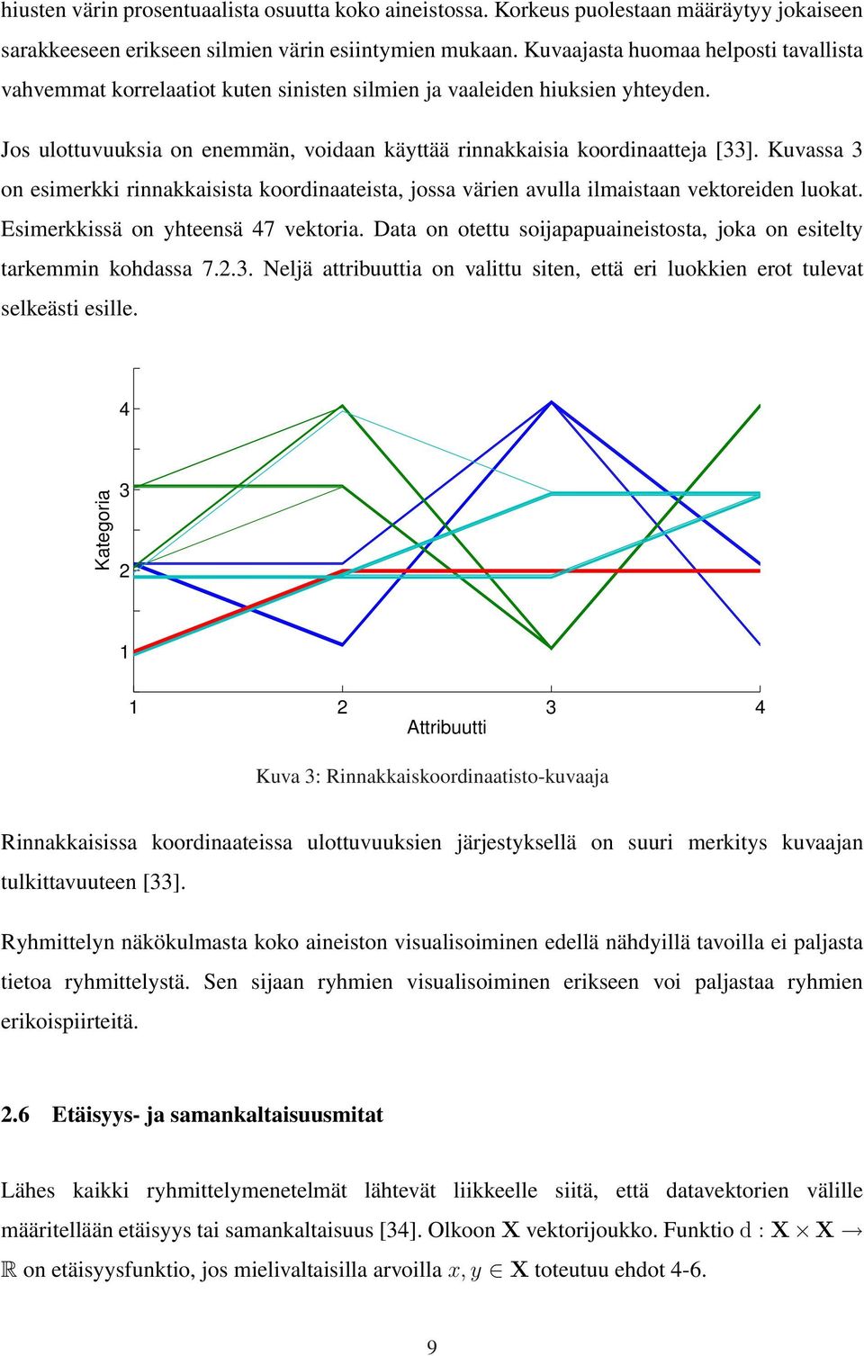 Kuvassa 3 on esimerkki rinnakkaisista koordinaateista, jossa värien avulla ilmaistaan vektoreiden luokat. Esimerkkissä on yhteensä 47 vektoria.