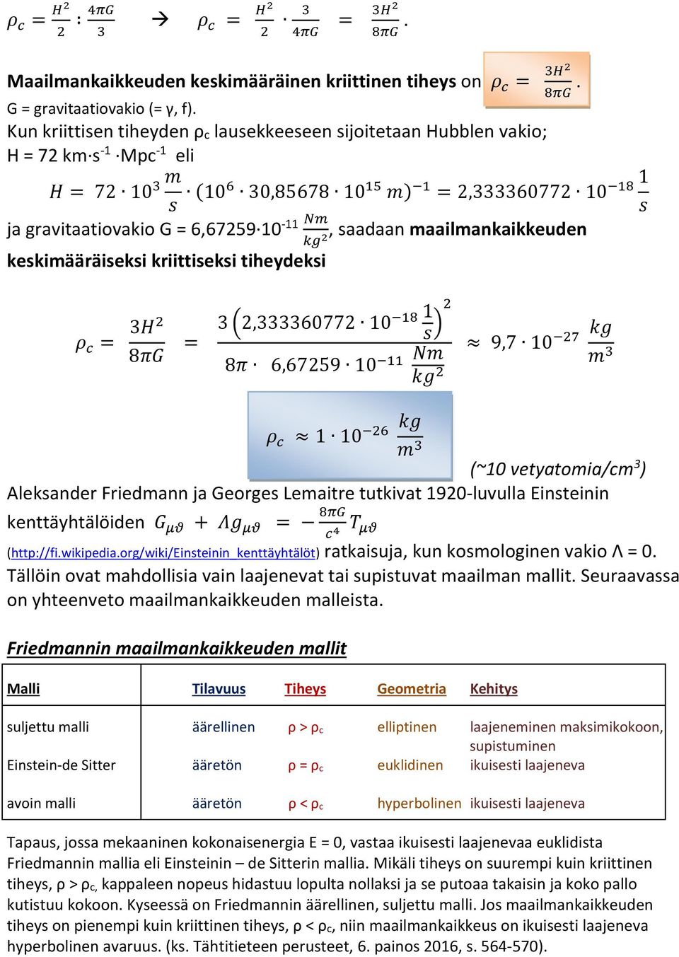 keskimääräiseksi kriittiseksi tiheydeksi 8 = 2,60772 101 8 6,67259 10 9,7 10 1 10 (~10 vetyatomia/cm ) Aleksander Friedmann ja Georges Lemaitre tutkivat 1920-luvulla Einsteinin kenttäyhtälöiden + =