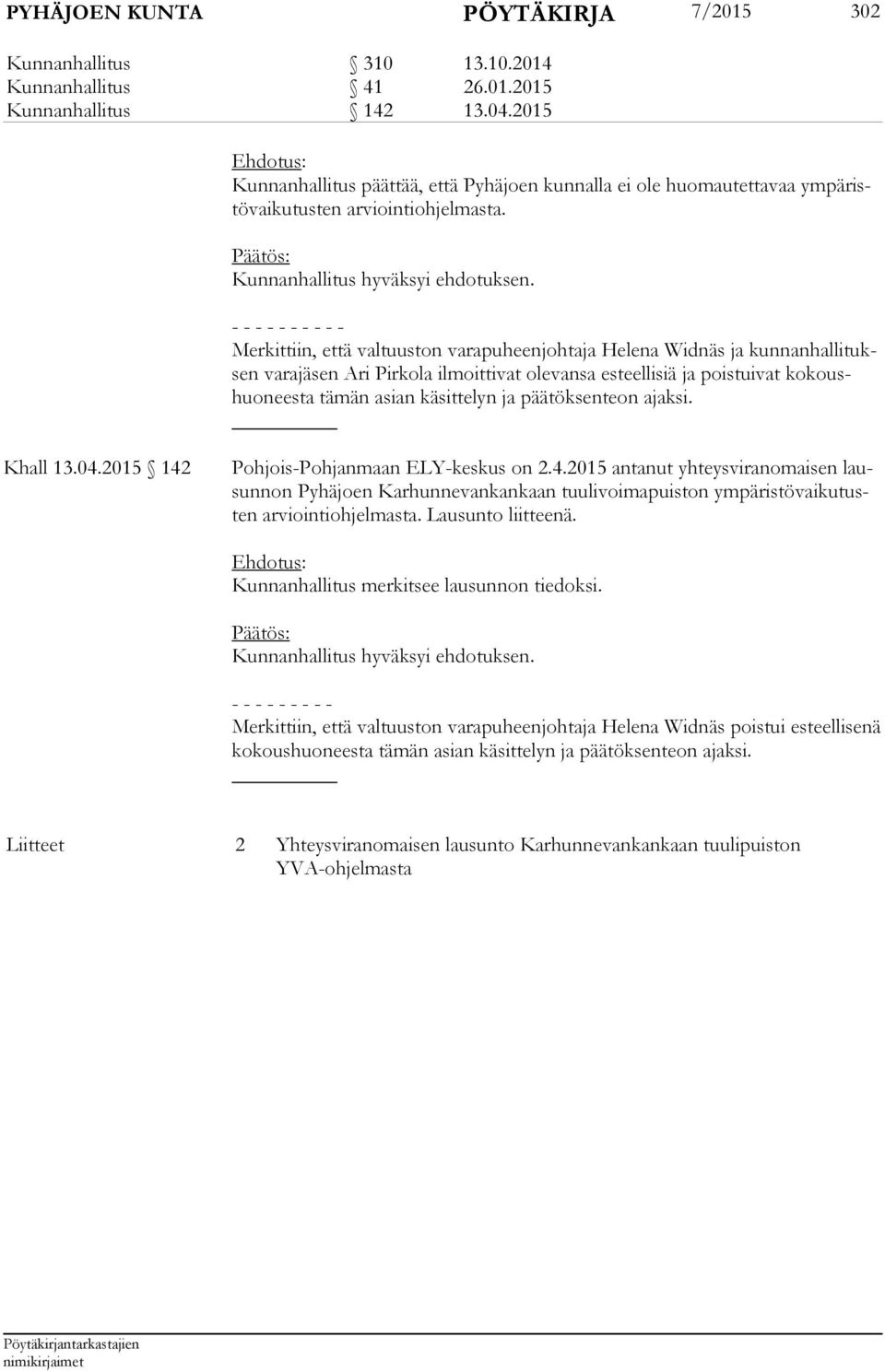 - - - - - - - - - - Merkittiin, että valtuuston varapuheenjohtaja Helena Widnäs ja kun nan hal li tuksen varajäsen Ari Pirkola ilmoittivat olevansa esteellisiä ja poistuivat ko koushuo nees ta tämän
