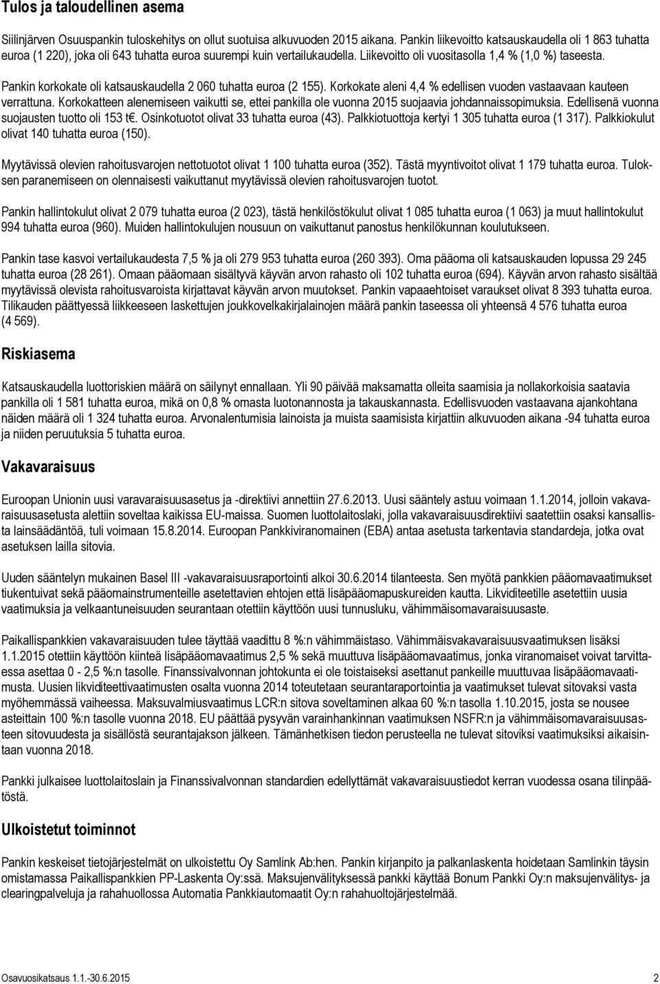 Pankin korkokate oli katsauskaudella 2 060 tuhatta euroa (2 155). Korkokate aleni 4,4 % edellisen vuoden vastaavaan kauteen verrattuna.