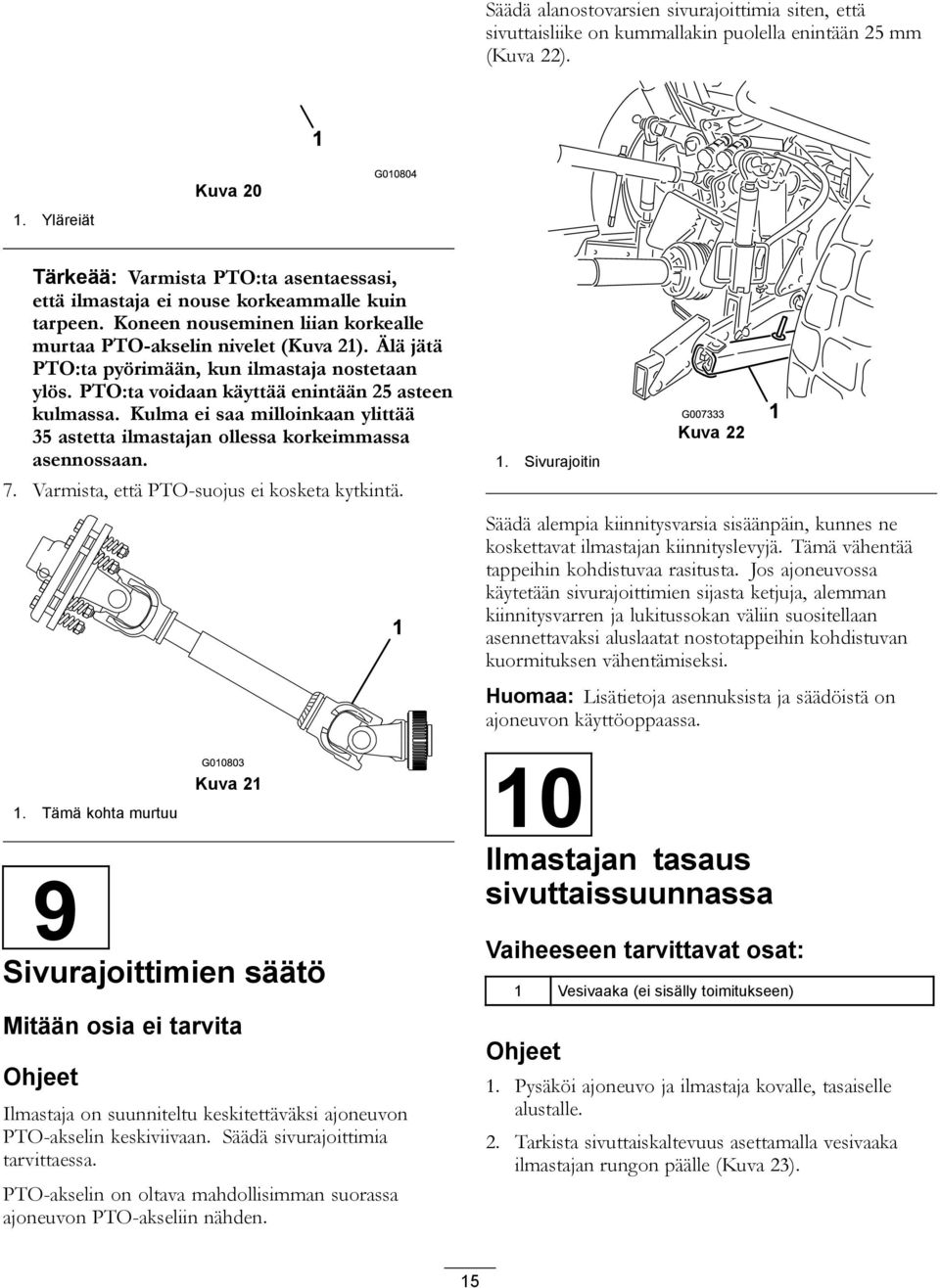 Älä jätä PTO:ta pyörimään, kun ilmastaja nostetaan ylös. PTO:ta voidaan käyttää enintään 25 asteen kulmassa. Kulma ei saa milloinkaan ylittää 35 astetta ilmastajan ollessa korkeimmassa asennossaan. 7.