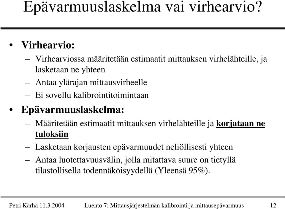 sovellu kalibrointitoimintaan Epävarmuuslaskelma: Määritetään estimaatit mittauksen virhelähteille ja korjataan ne tuloksiin Lasketaan