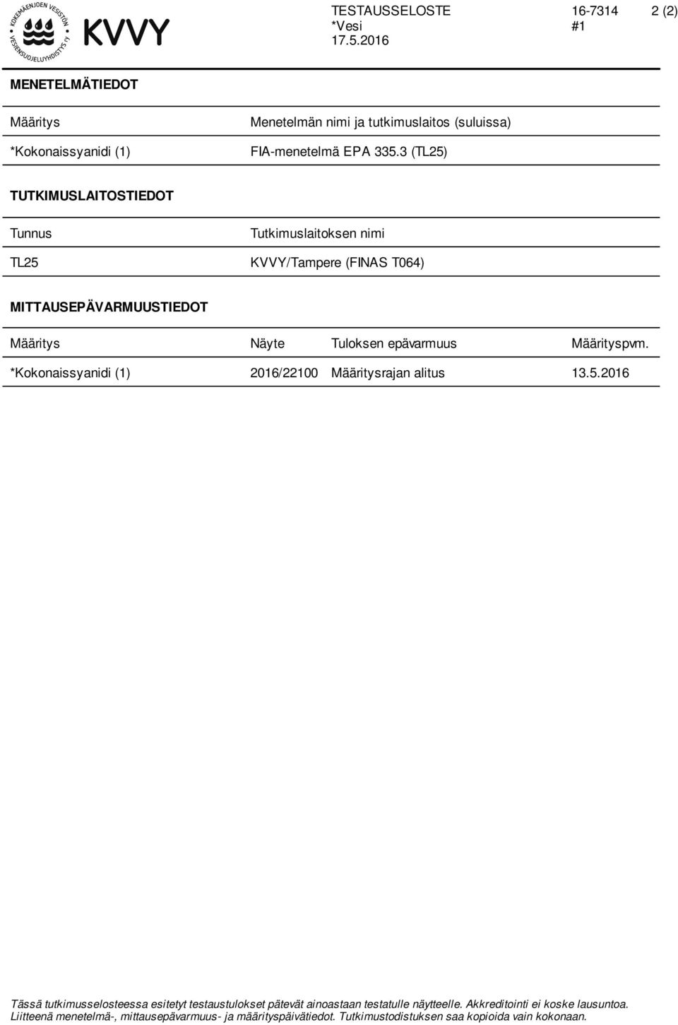 3 (TL25) TUTKIMUSLAITOSTIEDOT Tunnus Tutkimuslaitoksen nimi TL25 KVVY/Tampere (FINAS T064) MITTAUSEPÄVARMUUSTIEDOT Määritys Näyte Tuloksen epävarmuus