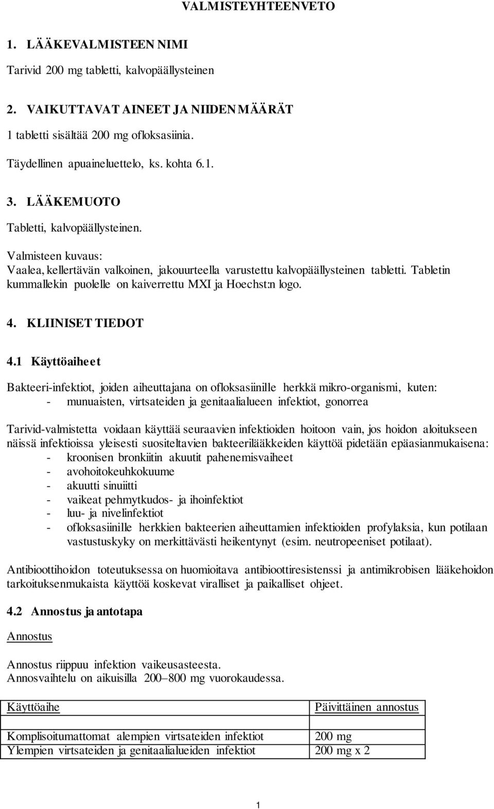 Tabletin kummallekin puolelle on kaiverrettu MXI ja Hoechst:n logo. 4. KLIINISET TIEDOT 4.