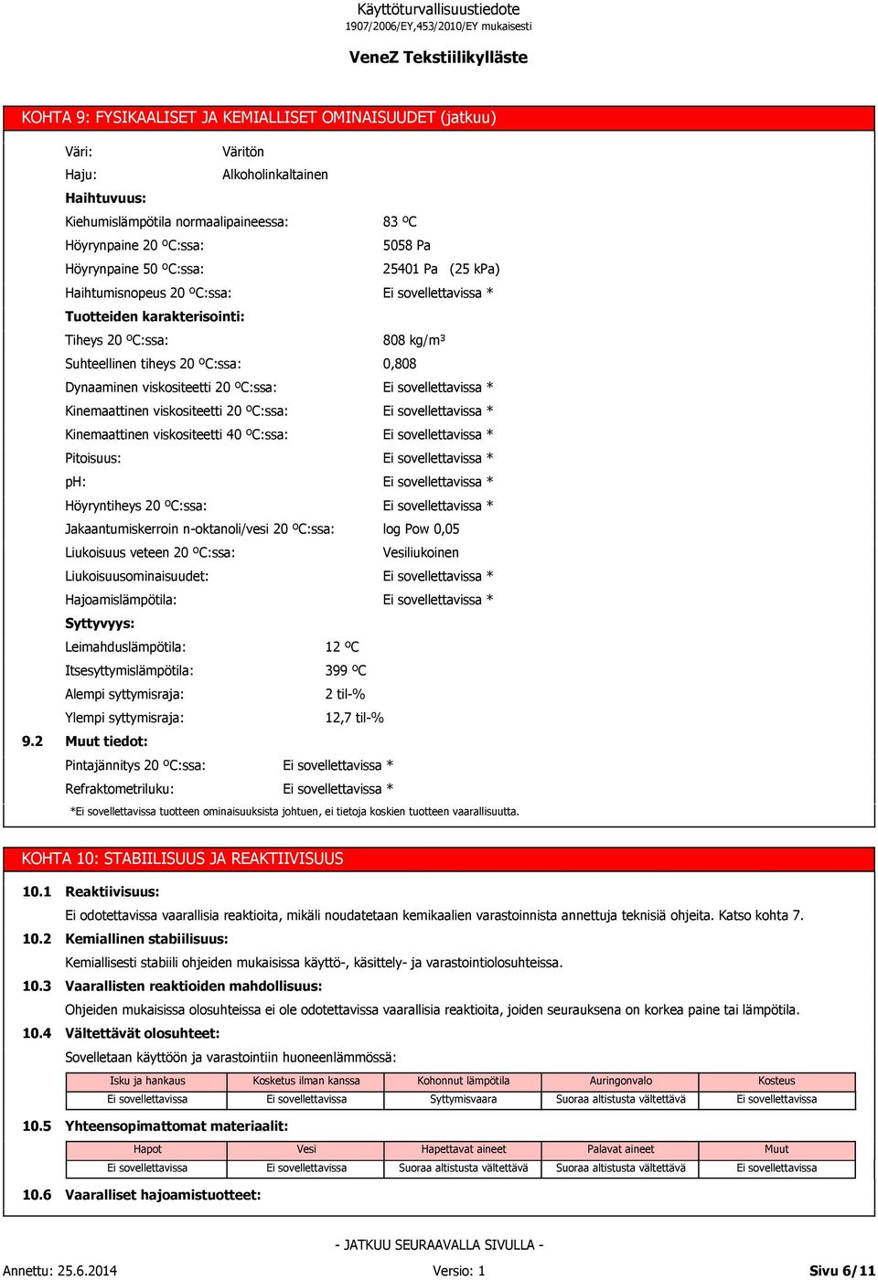 Tuotteiden karakterisointi: Tiheys 20 ºC:ssa: 808 kg/m³ Suhteellinen tiheys 20 ºC:ssa: 0,808 Dynaaminen viskositeetti 20 ºC:ssa: * Kinemaattinen viskositeetti 20 ºC:ssa: * Kinemaattinen viskositeetti