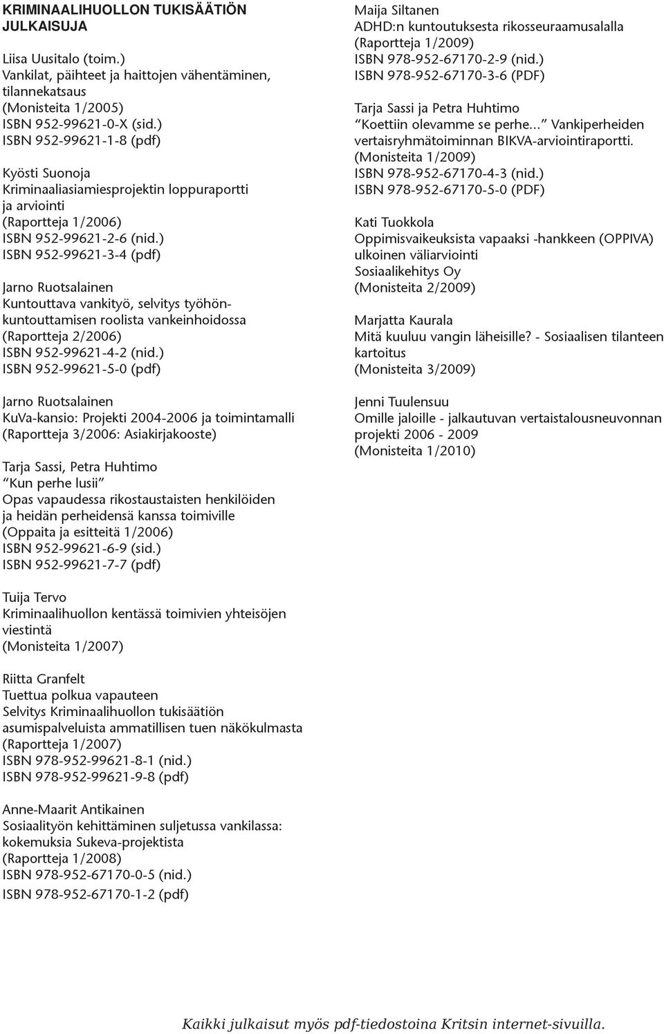 ) ISBN 952-99621-3-4 (pdf) Jarno Ruotsalainen Kuntouttava vankityö, selvitys työhönkuntouttamisen roolista vankeinhoidossa (Raportteja 2/2006) ISBN 952-99621-4-2 (nid.